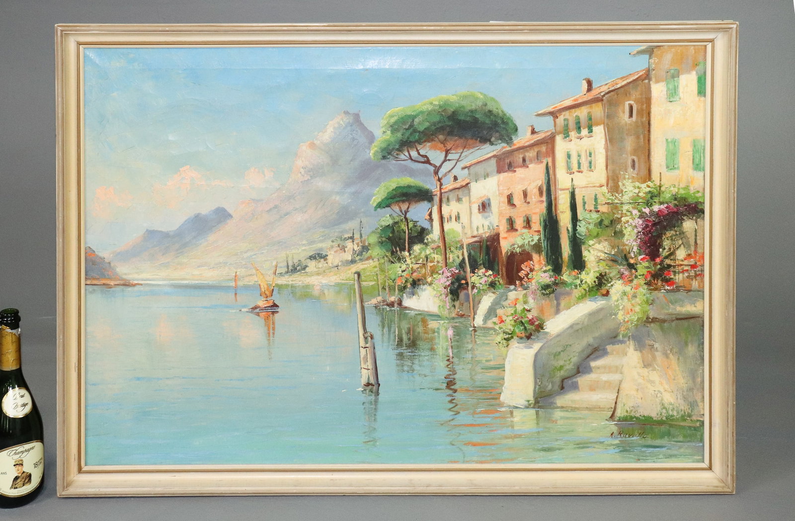 Danish Framed Coastal City Landscape on Canvas: Danish Framed Coastal City Landscape on Canvas - 29.5 in tall x 41.5 x 2, The work itself is 27 x 39