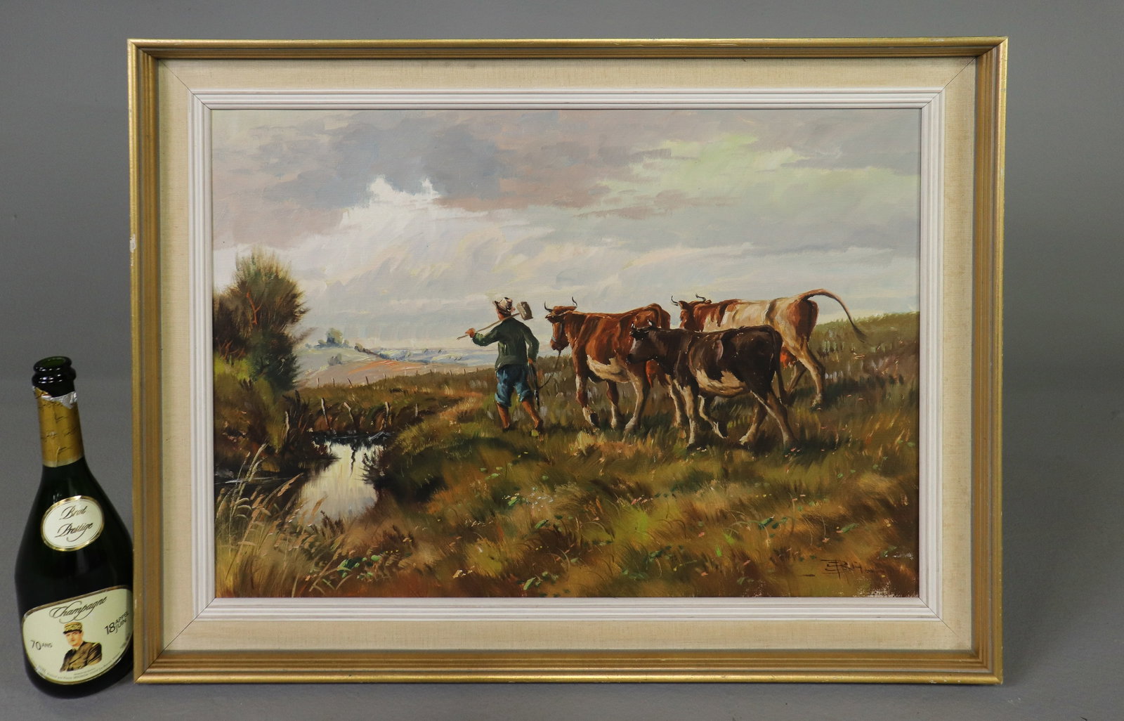 Danish Framed Oil on Canvas Farmer with Cows (1 of 4)