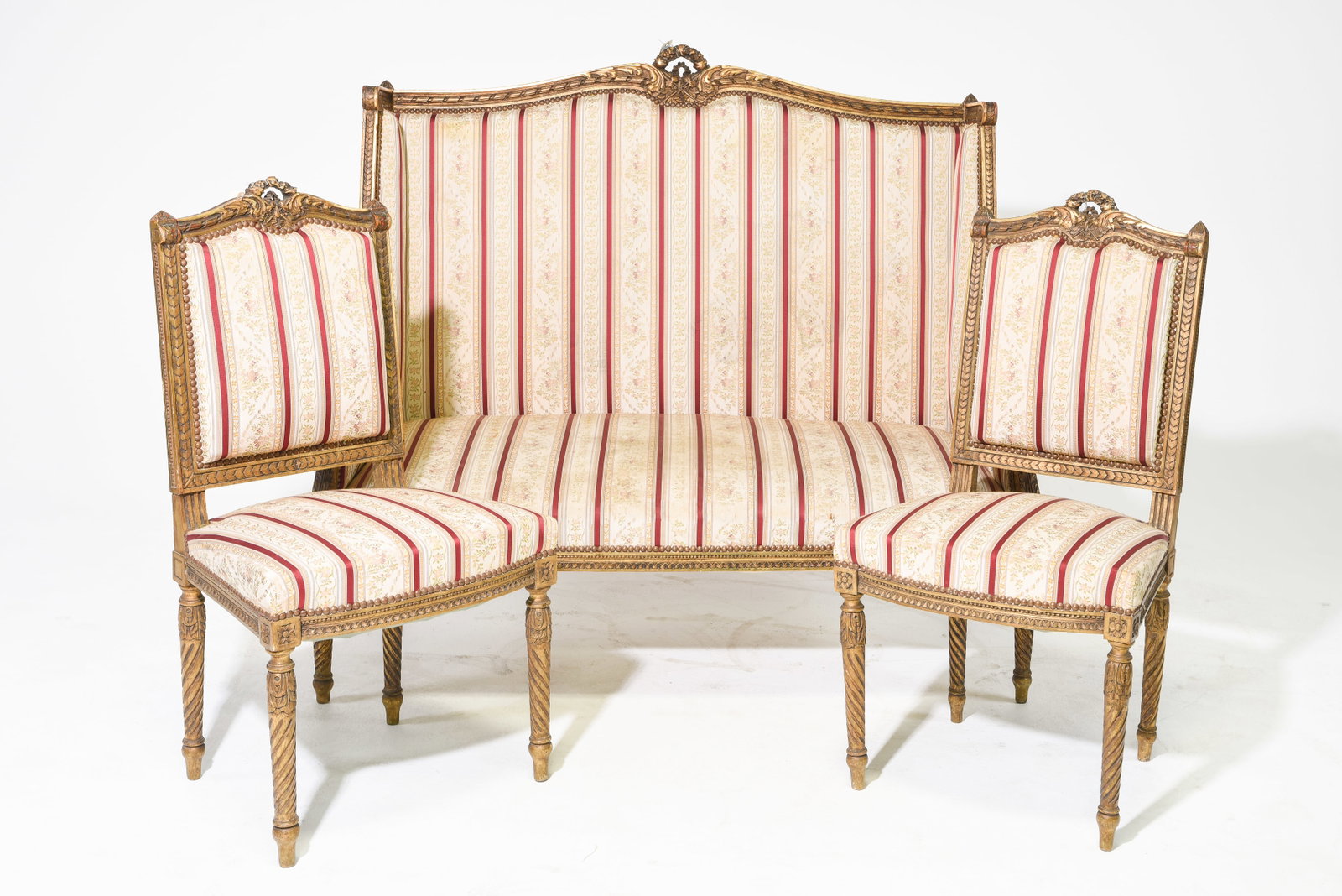 Louis XVI Style Gilded Upholstered Settee & 2 Chairs (1 of 10)