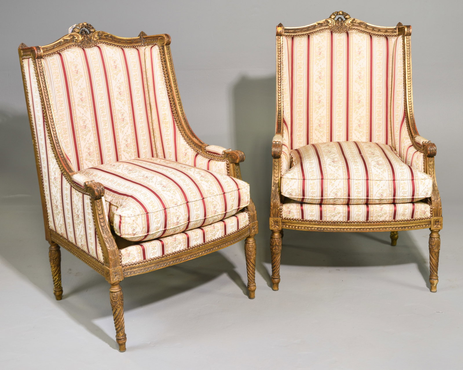 Louis XVI Style Pair of Gilded Upholstered Arm Chairs (1 of 7)