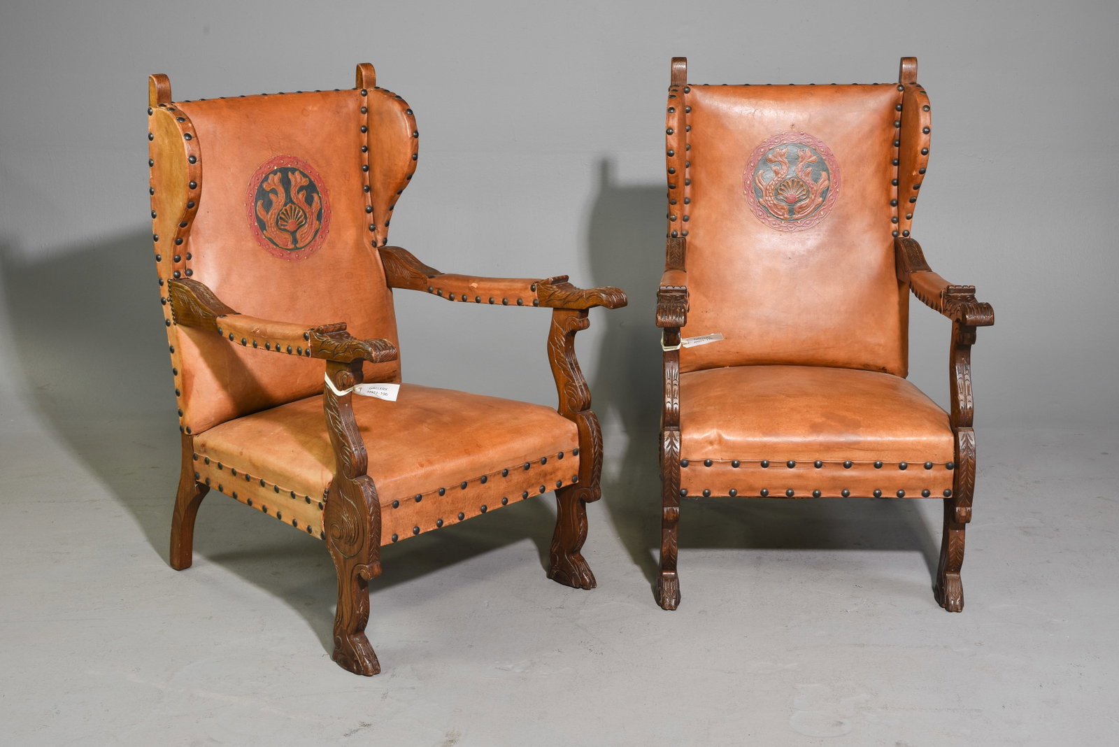 2 Danish Renaissance Style Leather Arm Chairs #1: 2 Danish Renaissance Style Leather Arm Chairs - 41 in tall x 25 x 29 each with a seat height of 15.5 inches