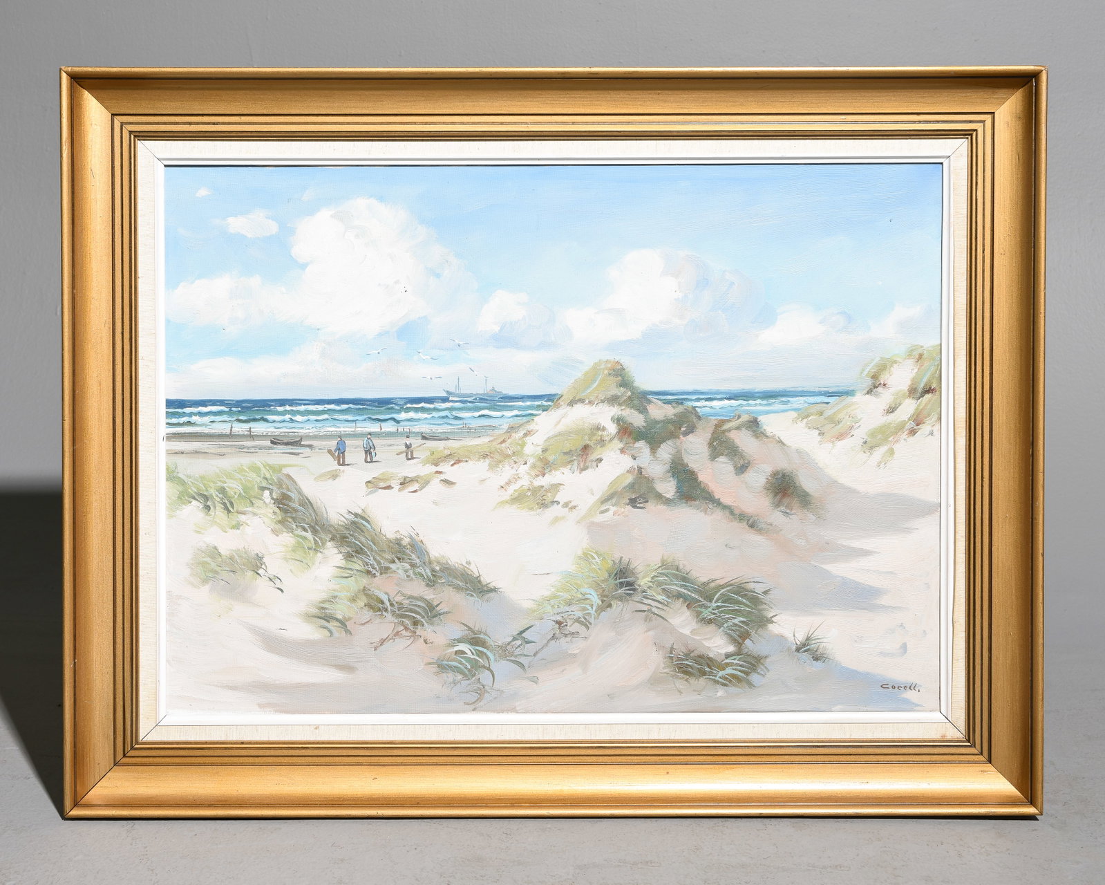 Danish Gold Framed Oil on Canvas Beach Landscape: Danish Gold Framed Oil on Canvas Beach Landscape - 26 in tall x 33.5 x 2, The work itself is 19.5 x 28 - This is signed