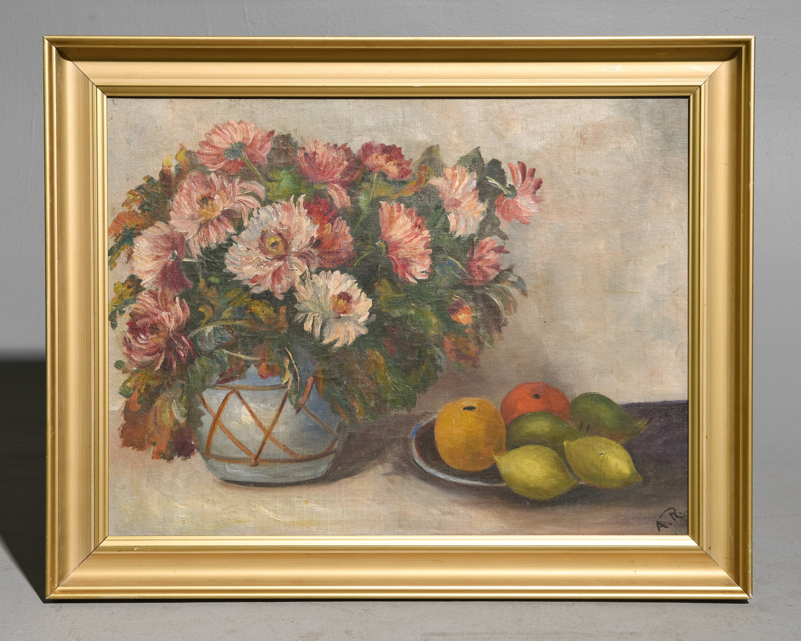 Danish Gold Framed Oil on Canvas Still Life #1: Danish Gold Framed Oil on Canvas Still Life - 24 in tall x 30 x 2, The work itself is 20 x 25.5 - This is signed
