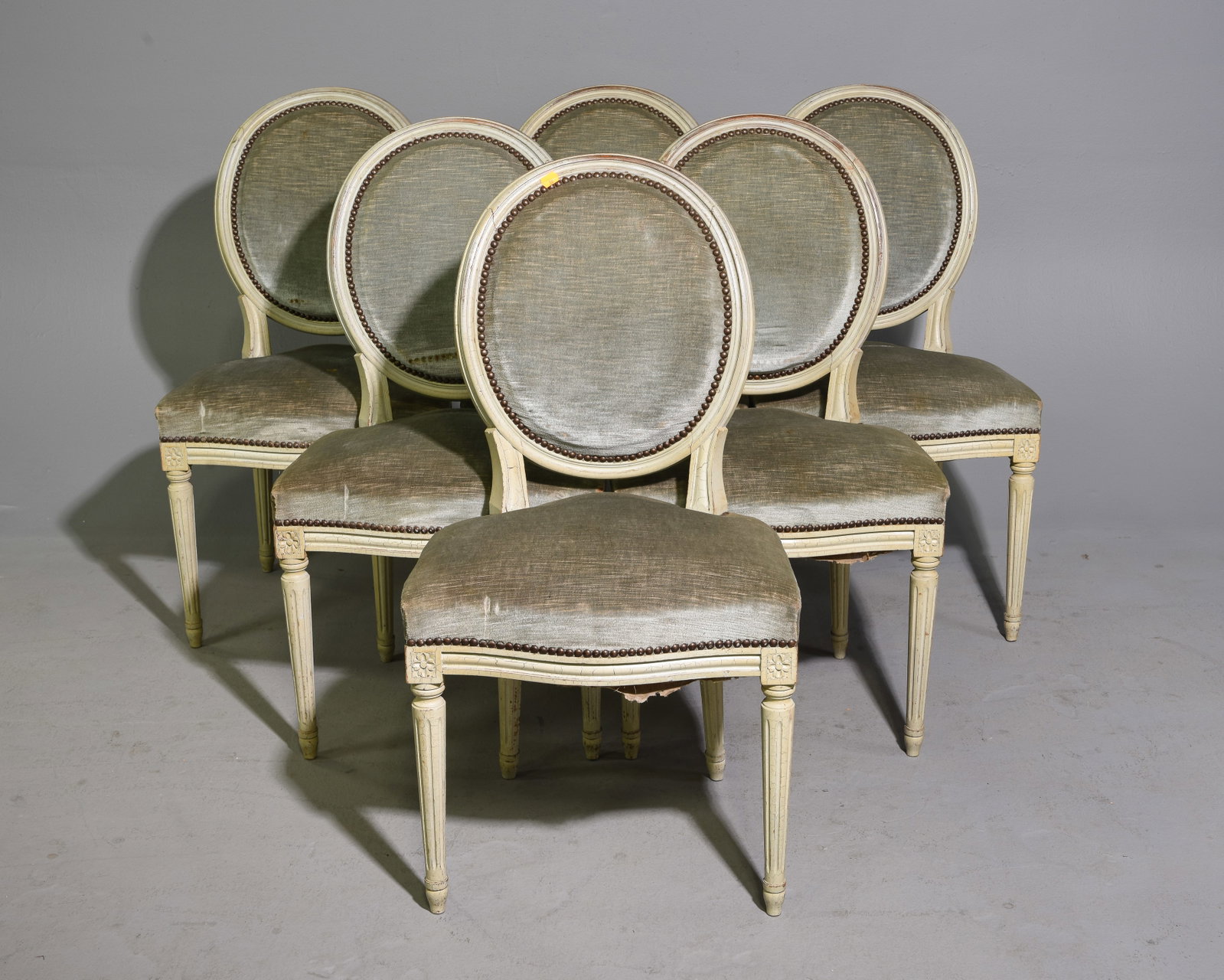Louis XVI Style Set of 6 Balloon Back Dining Chairs: French Louis XVI Style Set of 6 Balloon Back Dining Chairs - 36 in tall x 19 x 20 each with a seat height of 18.5 inches