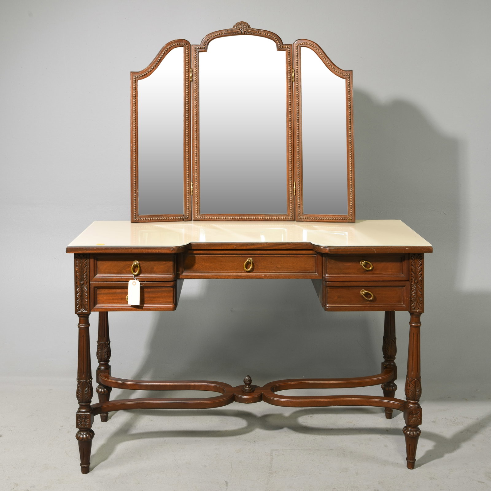 Louis XVI Style Glass Top Triple Mirror Dresser (1 of 6)