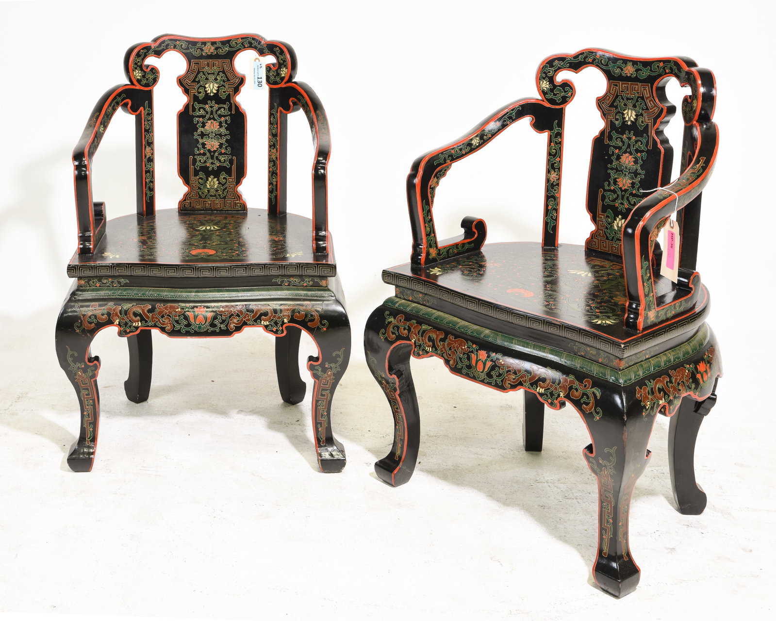Chinoiserie Pair of Lacquered Arm Chairs: Chinoiserie Pair of Lacquered Arm Chairs - 34.5 in tall x 21.75 x 18 each with a seat height of 18.75 inches
