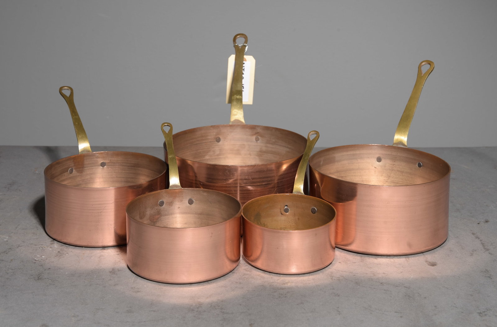 Set of 5 French Polished Sauce Pans: Set of 5 French Polished Graduated Sauce Pans - Largest is 8.5 in tall x 12.5 x 7.5 - Reminder, the measurements are meant for shipping purposes