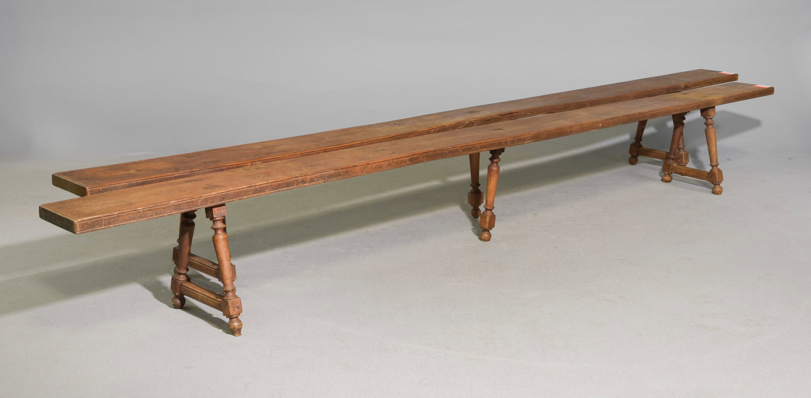 French Pair of Large Oak Farmhouse Benches: French Pair of Large Oak Farmhouse Benches - 17.5 in tall x 140 x 14 each, The seat depth is 9 inches