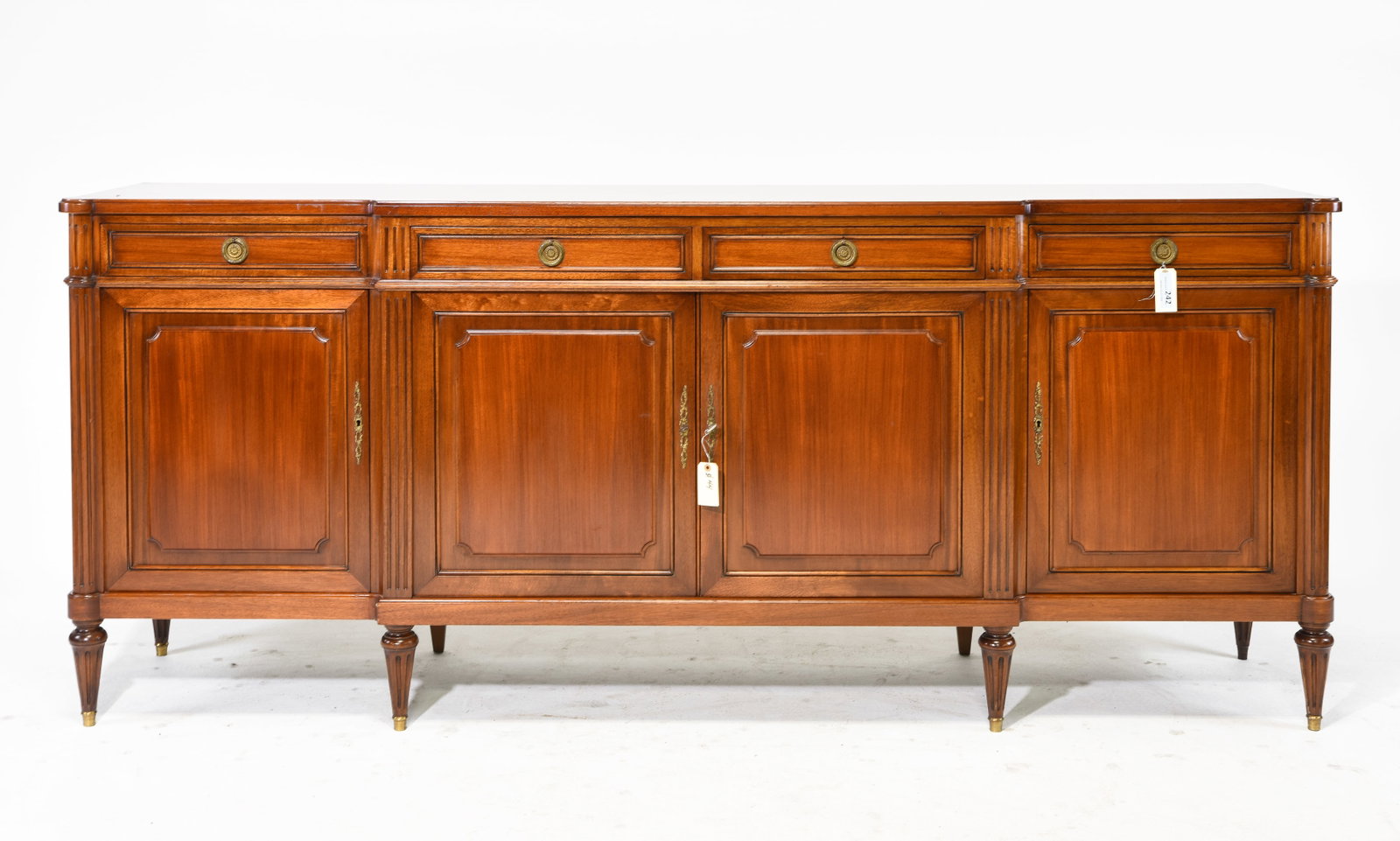 Louis XVI Style Mahogany Four Door Sideboard: French Louis XVI Style Mahogany Four Door Sideboard / Enfilade - 39.5 in tall x 95.5 x 21.5