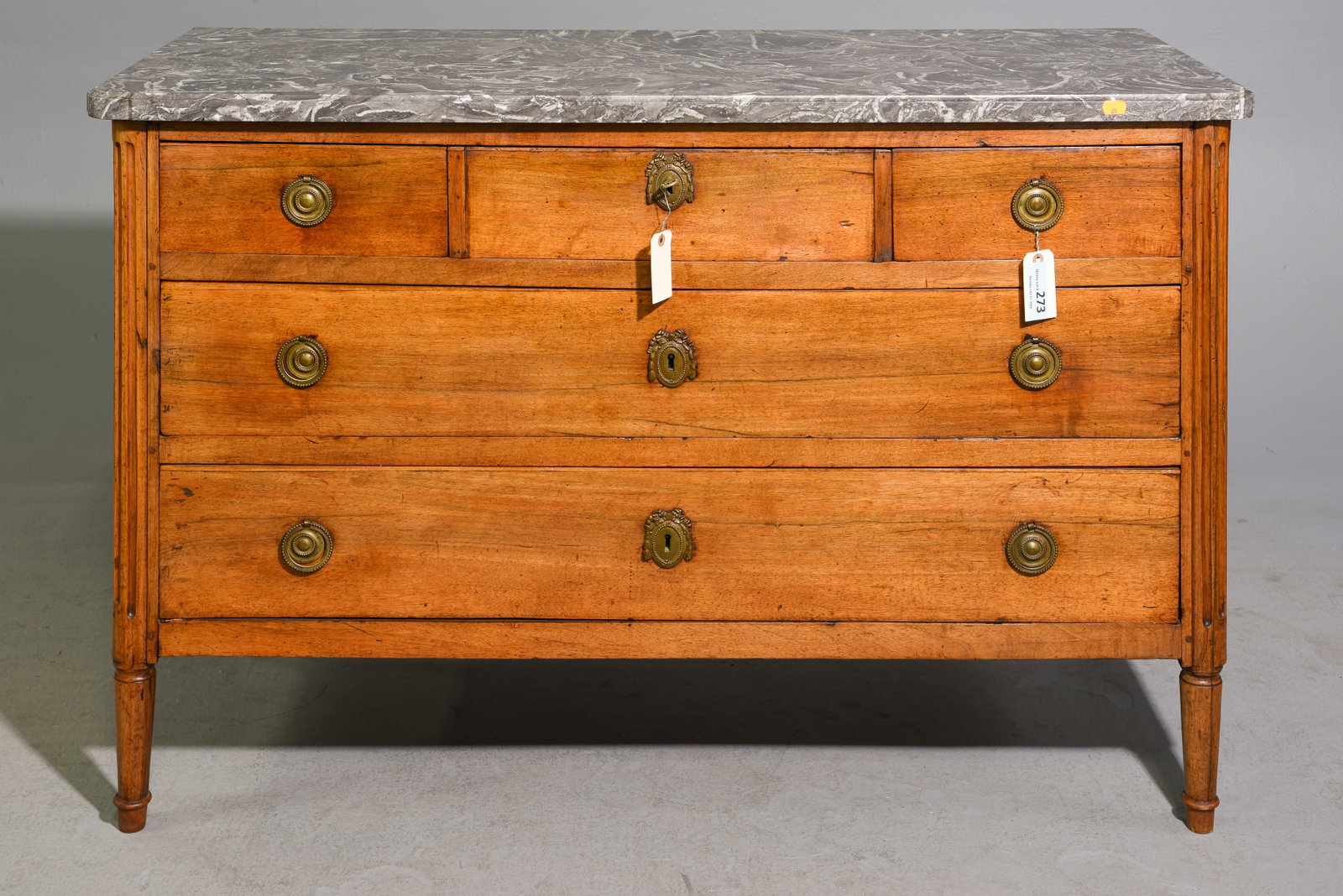 Louis XVI Style Grey Marble Top Five Drawer Chest (1 of 5)