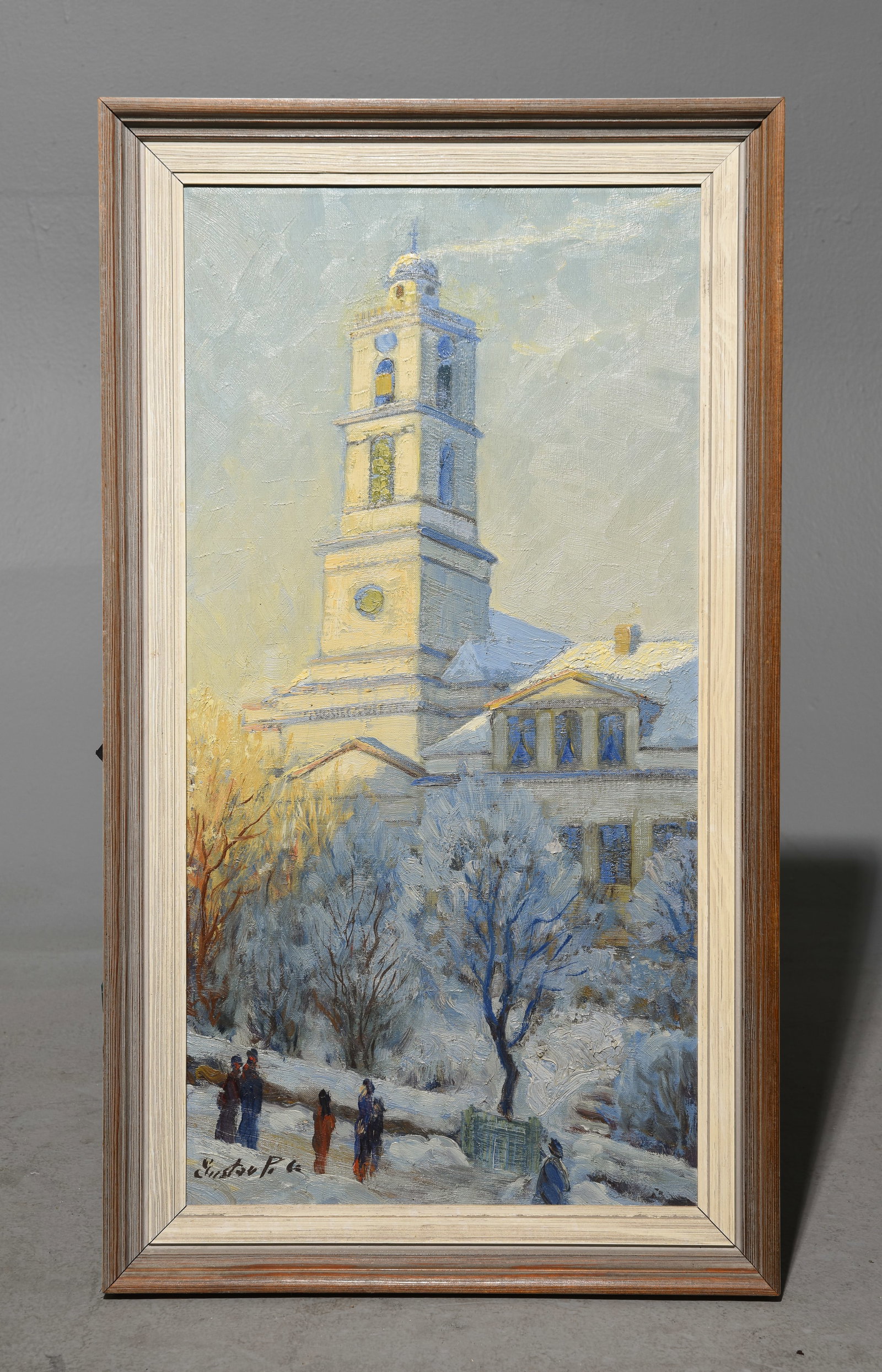 Danish Painted Framed Oil on Canvas Winter Landscape: Danish Painted Framed Oil on Canvas Winter Landscape with Buildings - 28.5 in tall x 16 x 1.5, The work itself is 25 x 13