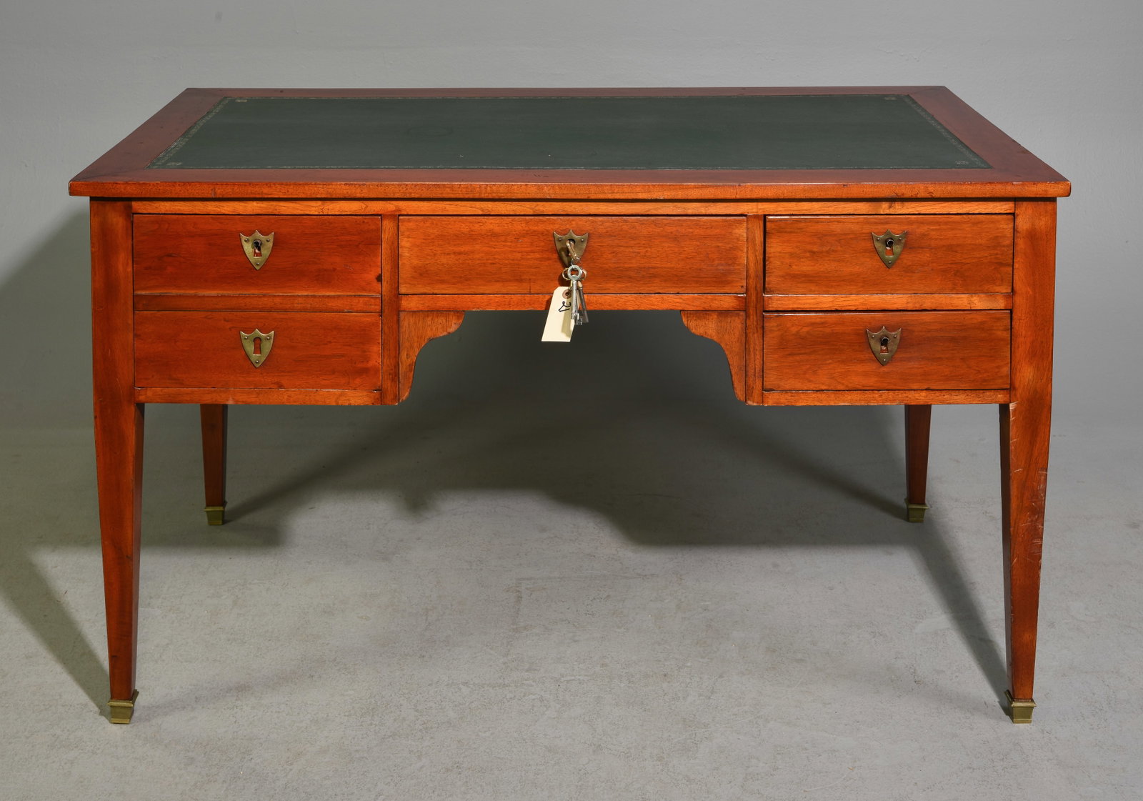French Green Leather Top Desk: French Green Leather Top Desk - 30 in tall x 50.5 x 27, Kneehole is 23 x 16