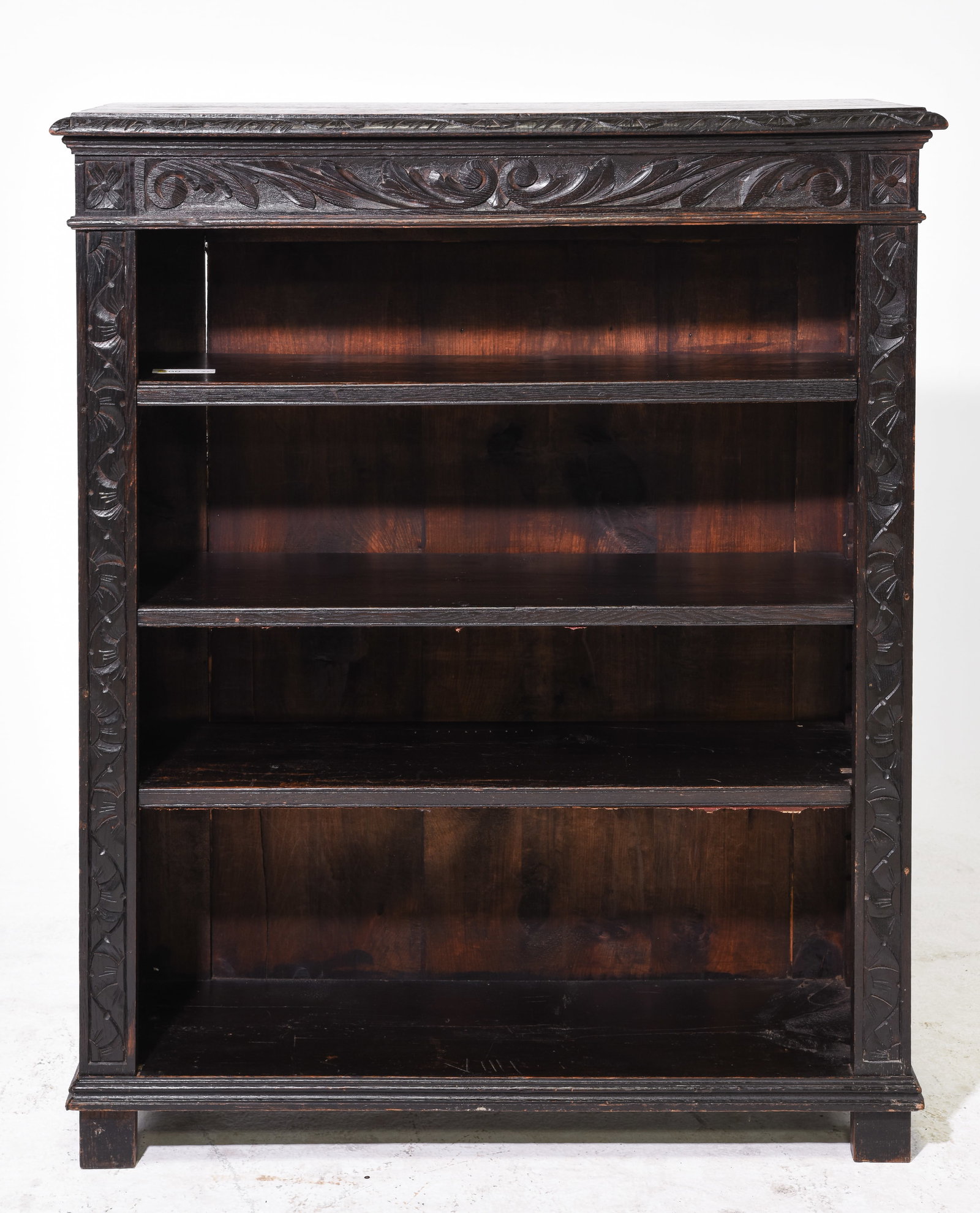 British Dark Carved Oak Open Bookshelf (1 of 4)