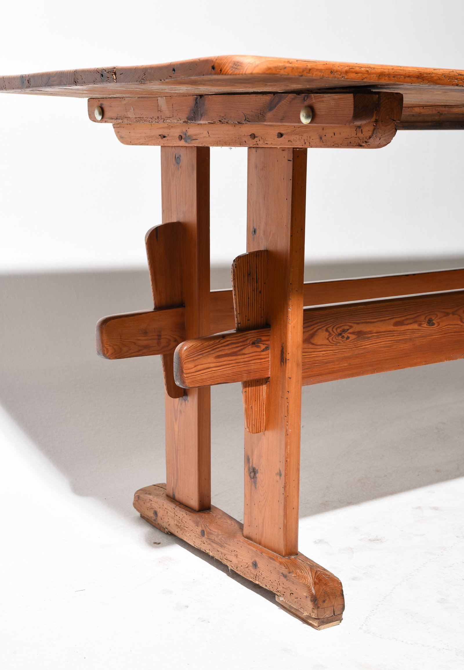 Danish Rustic Pine Double Trestle Base Table - 4