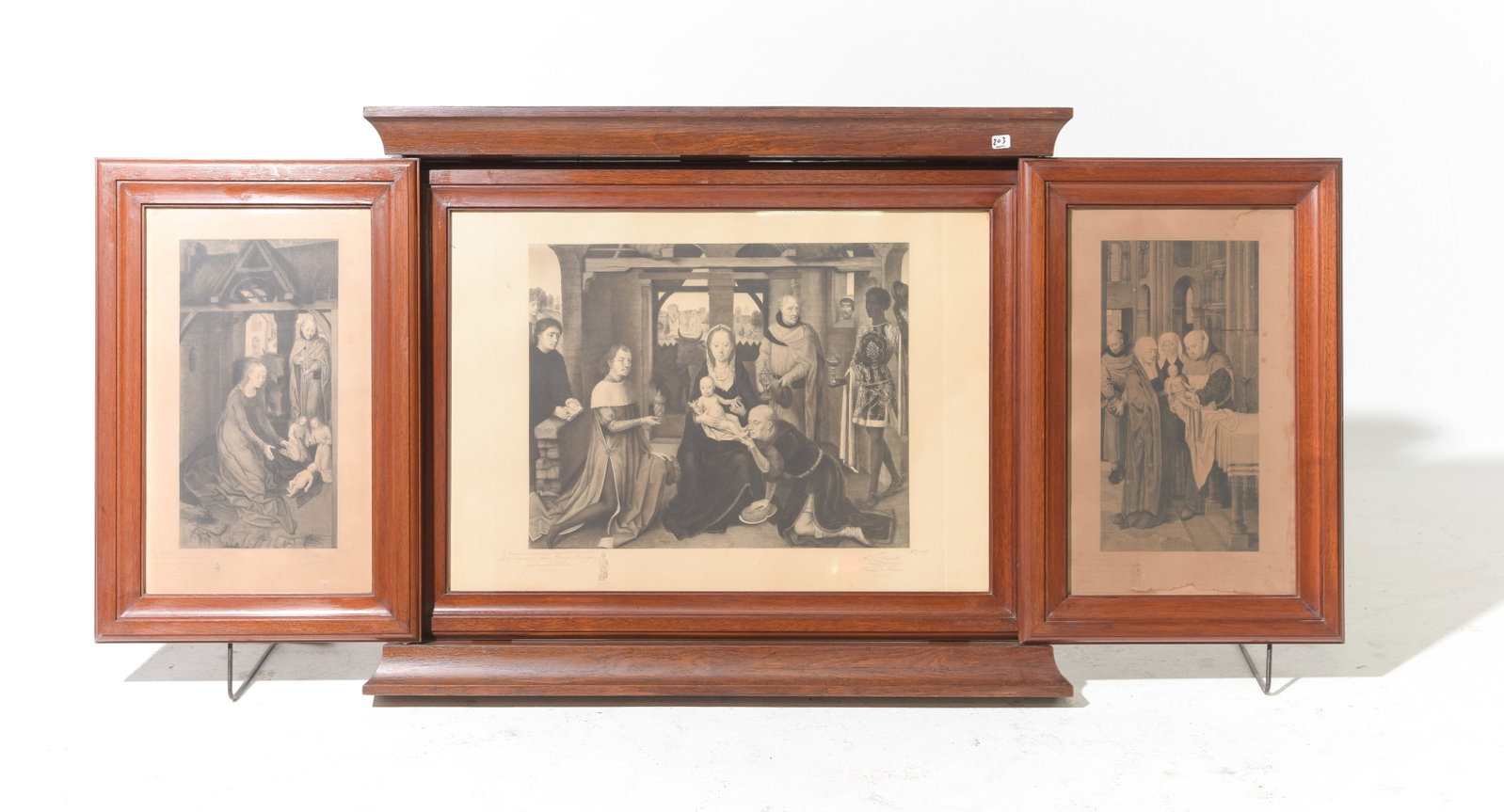 French Mahogany Framed Triptych Religious Scene: French Mahogany Framed Triptych Religious Scene - 28.5 in tall x 34.5 x 4