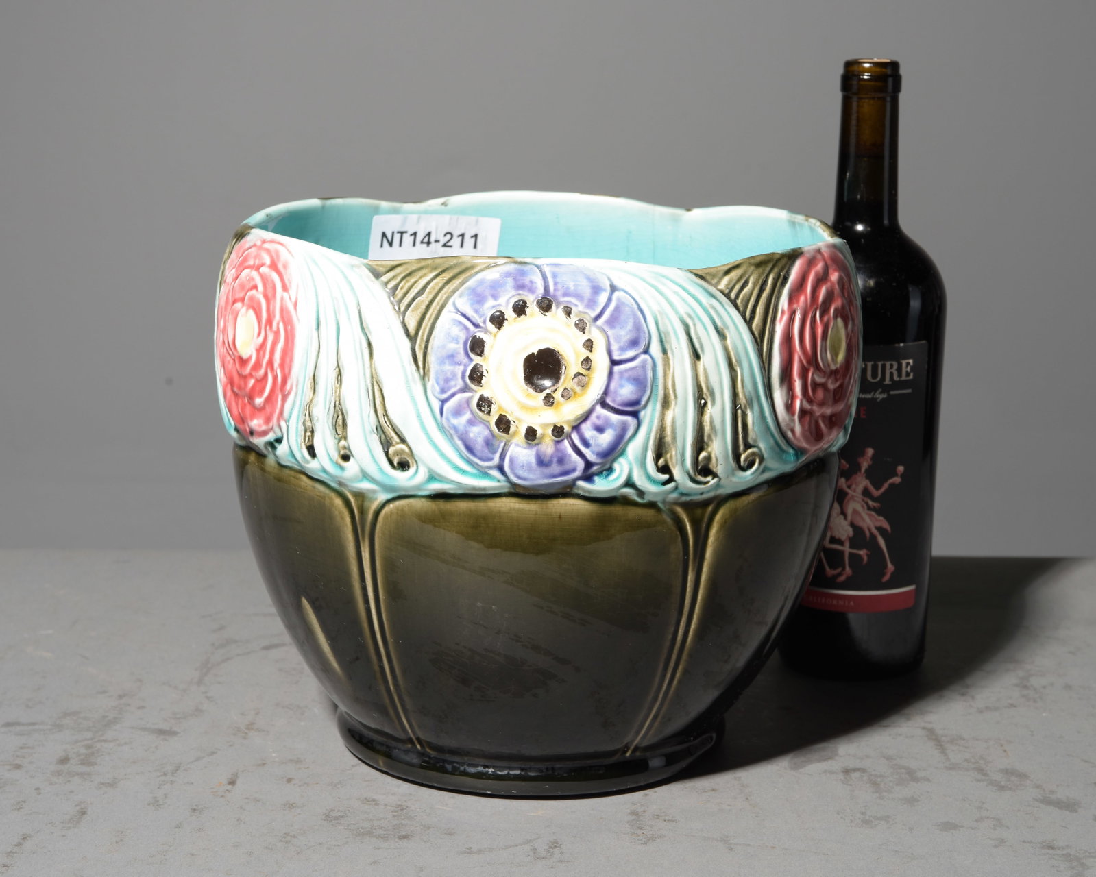 Orchies Majolica Jardiniere / Planter: French Orchies Majolica Jardiniere / Planter with Floral Motif - 9.25 in tall x 11 inch diameter