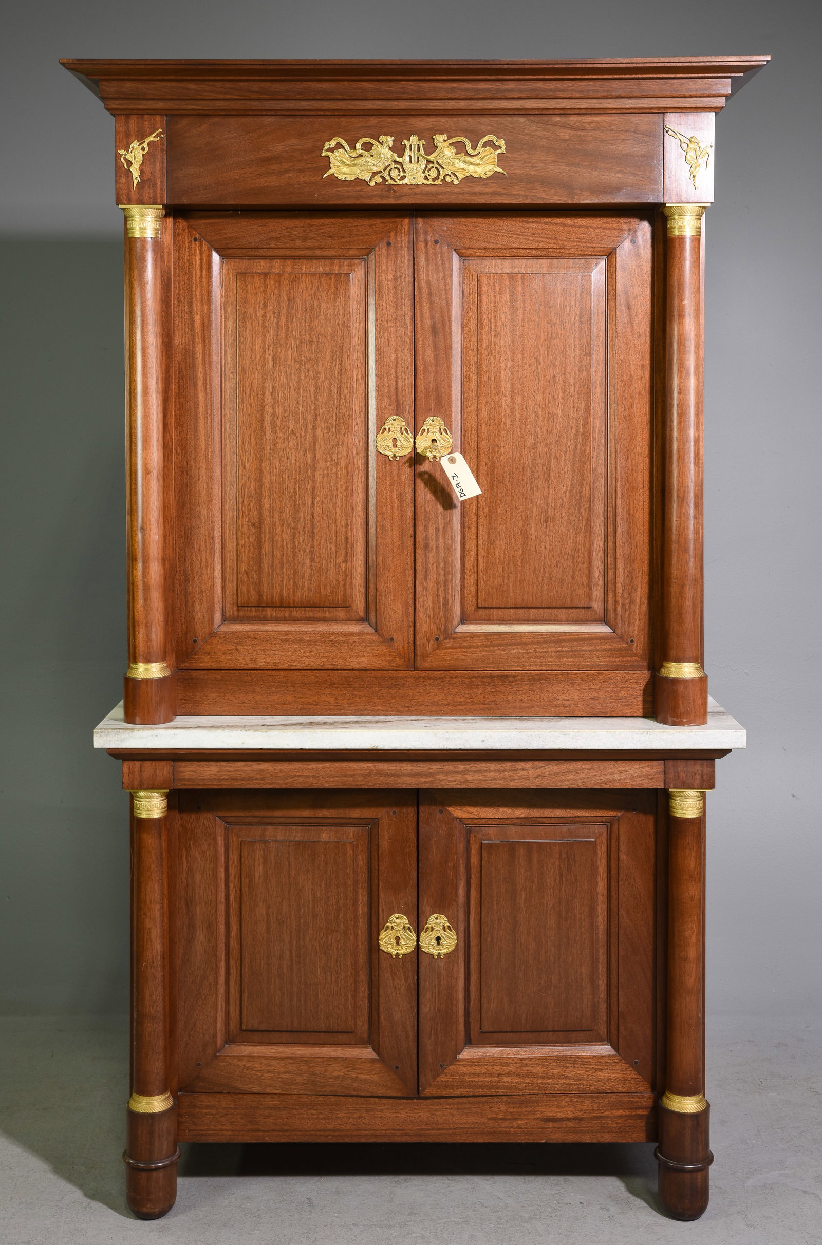 French Empire Style Walnut Cocktail Cabinet: French Empire Style Walnut Cocktail Cabinet / Cupboard with Gold Finished Accents - 72.5 in tall x 40.5 x 22.5 - This will break down for easier transport
