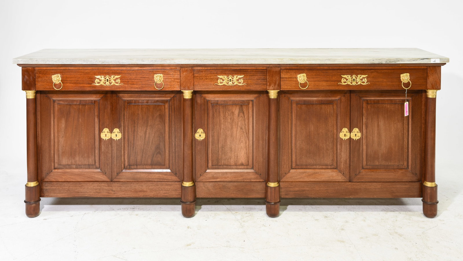 French Empire Style Walnut White Marble Top Sideboard: French Empire Style Walnut White Marble Top Sideboard / Enfilade with Gold Finished Accents - 38 in tall x 99 x 22.25