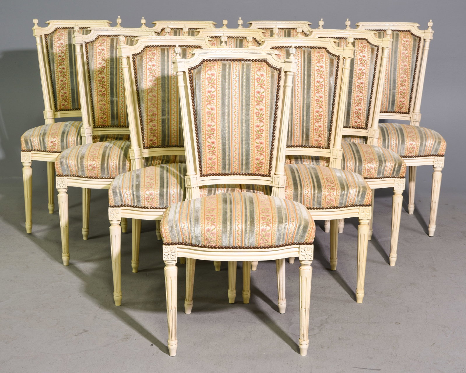 Louis XVI Style Set of 10 Painted Dining Chairs: French Louis XVI Style Set of 10 Painted Dining Chairs - 38.5 in tall x 19.25 x 17 each with a seat height of 18.5 inches