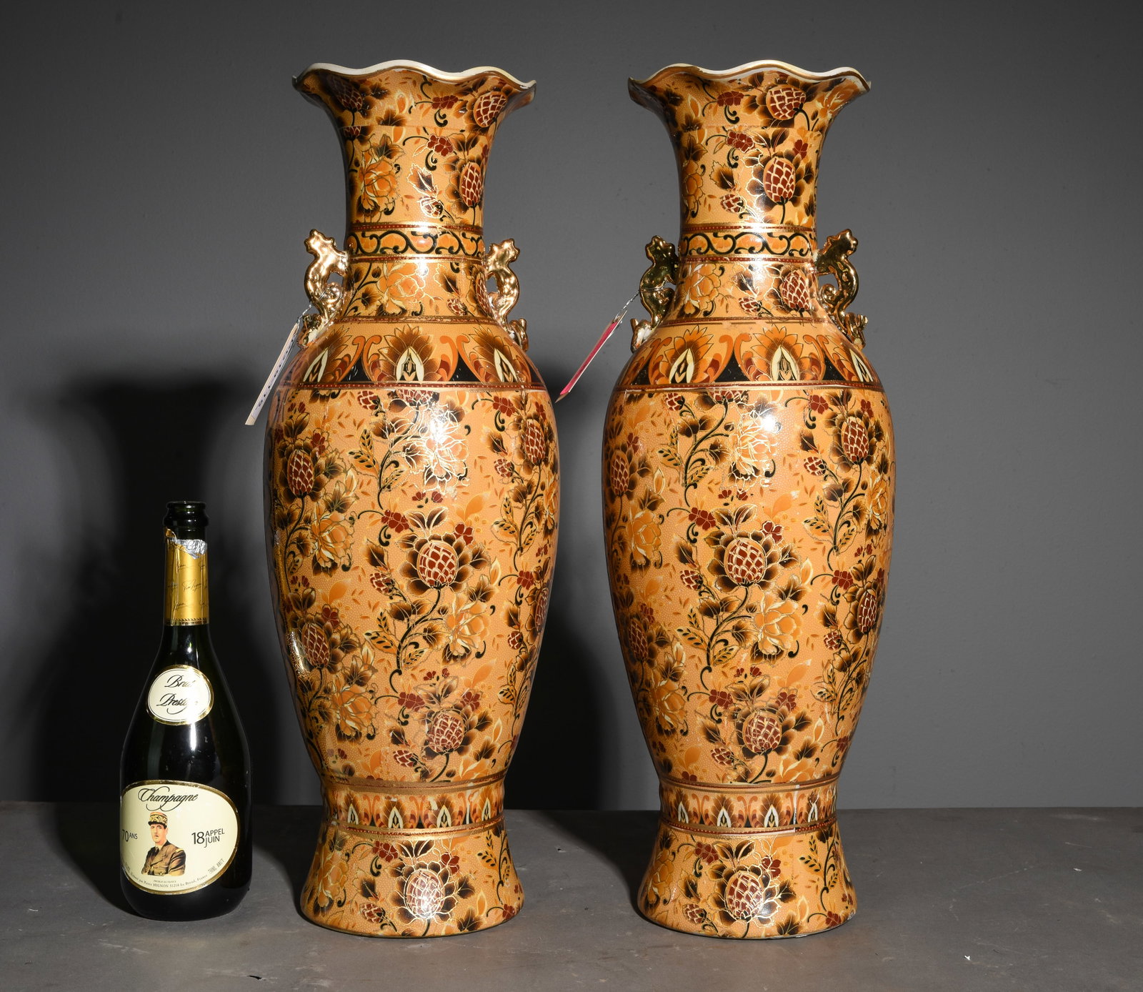 Chinese Satsuma Style Pair of Porcelain Vases: Chinese Satsuma Style Pair of Porcelain Vases - 24 in tall x 8.5 inch diameter each