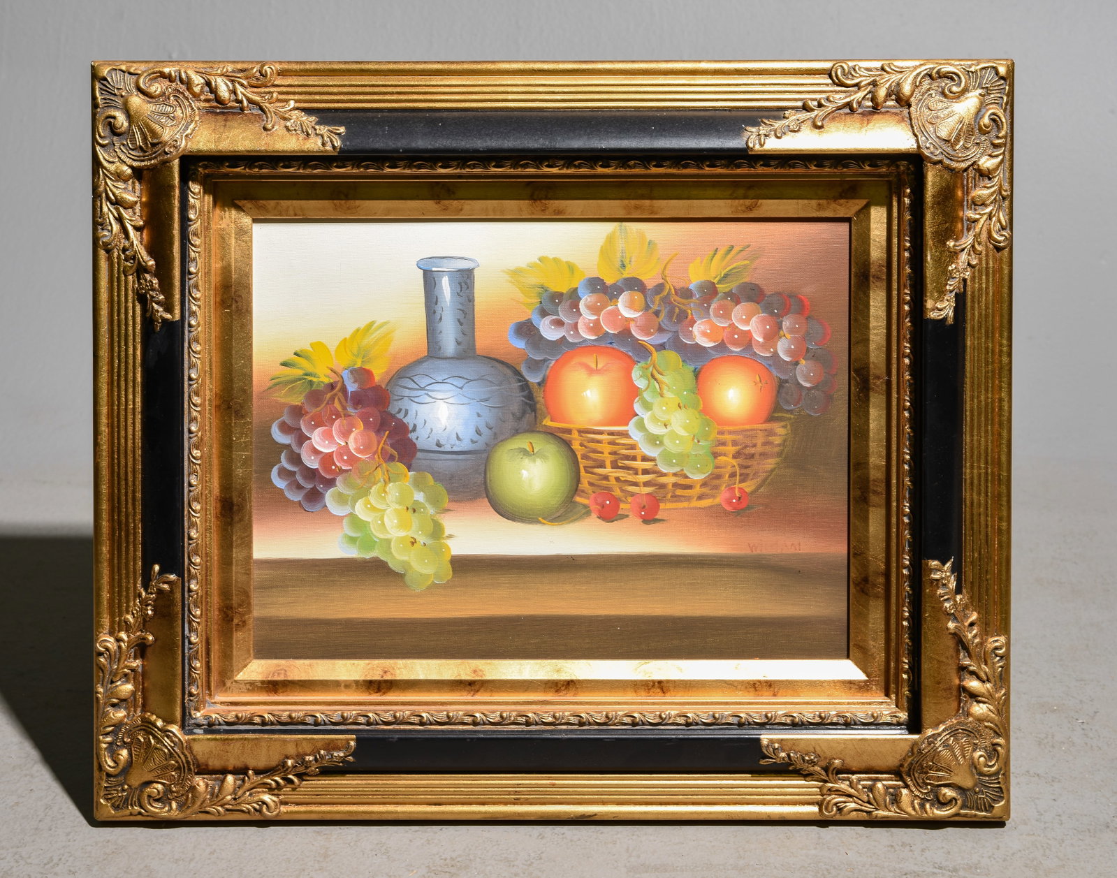 Framed Oil on Canvas Fruit Still Life: Framed Oil on Canvas Fruit Still Life - 19 in tall x 23 x 2, The work itself is 12 x 16
