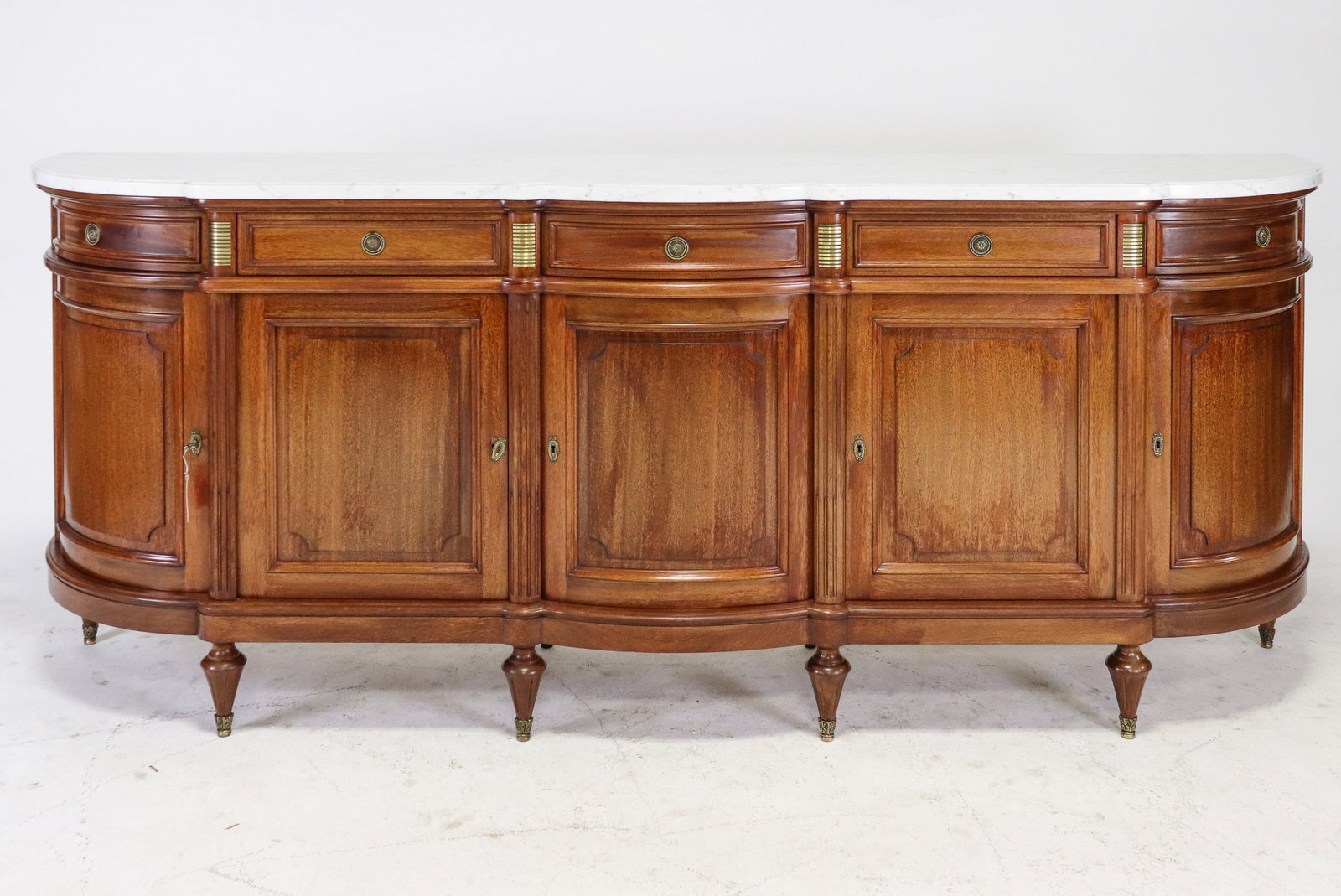 Louis XVI Style White Marble Top Sideboard: French Louis XVI Style White Marble Top Mahogany Sideboard/ Enfilade 41.5 in tall x 103.5 in x 24 in.