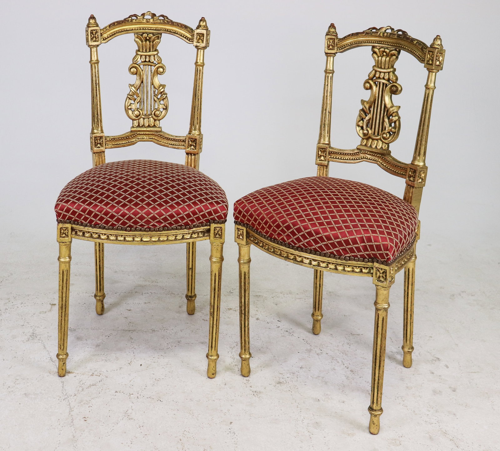 Louis XVI Style Pair of Hall Chairs: Louis XVI style pair of hall chairs that are each 35 in tall x 17 in x 17 in.