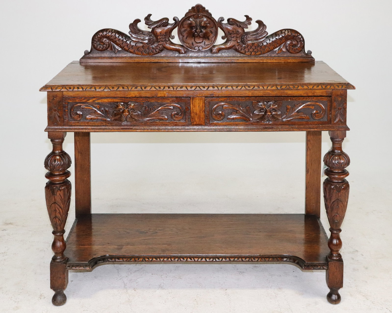 Tudor Style Carved Oak Top 2-Drawer Hall Table (1 of 5)