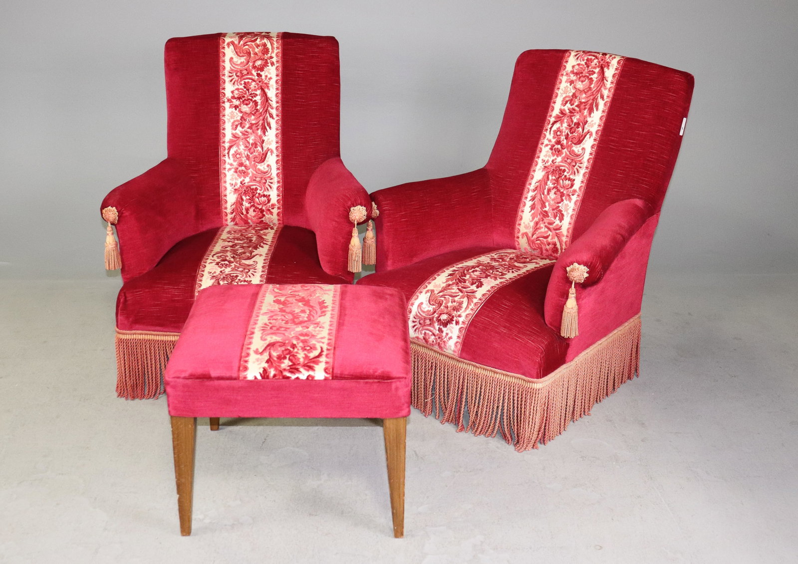 Pair Napolean III Style Bergere Armchairs + Footrest: Pair of Napolean III Style Bergere armchairs that are each 35.75 in tall x 31.5 in x 31 in with a seat height 14 in. Foot rest measures 17 in tall x 20 in x 20.25 in.