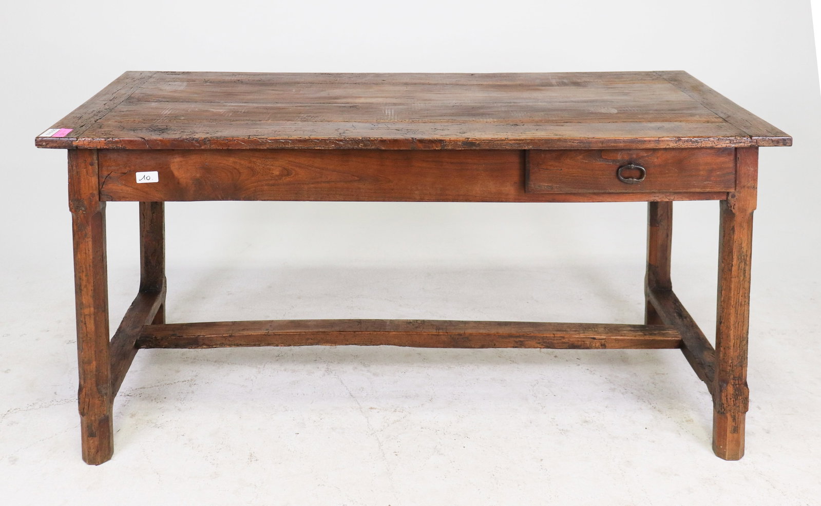 French Walnut Farm Table: French walnut farm table with two drawers that measure 30.5 in tall x 65.25 in x 30.25 in and a floor-to-apron height of 24.5 in and space between legs is 55.5 in.