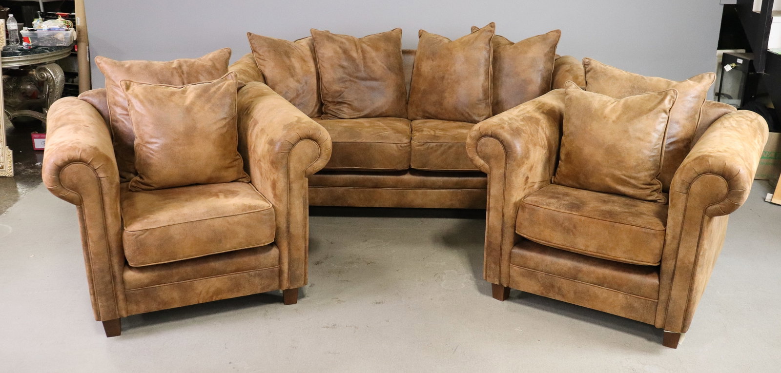 Danish 2 Seater Brown Sofa & 2 Arm Chairs: Danish 2 Seater Brown Sofa & 2 Arm Chairs - Sofa is 31 in tall x 84 x 36, seat height is 19.5 in - chairs are 31 in tall x 41 x 36, seat height is 19.5