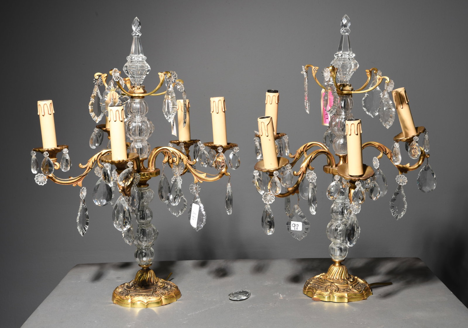 French Pair of Gilded Bronze Girandoles: French Pair of Gilded Bronze Girandoles / Candelabras with Glass & Crystals - 23.25 in tall x 14.5 inch diameter each
