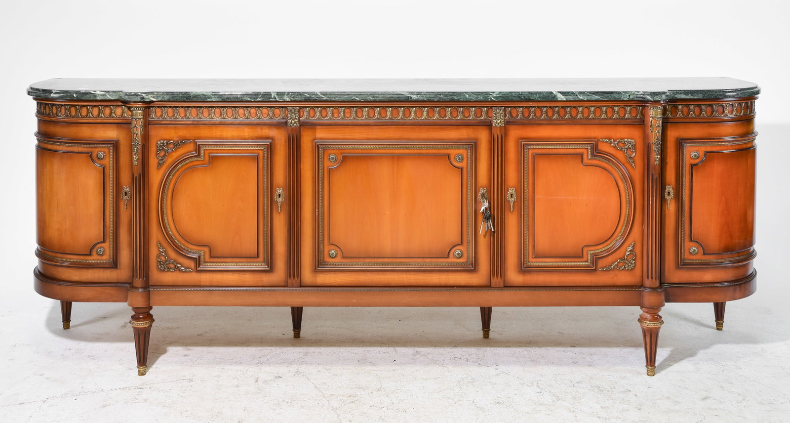 Louis XVI Style Green Marble Top Sideboard: French Louis XVI Style Green Marble Top Curved Sideboard / Enfilade with Gilded Ormolu Accents - 38.75 in tall x 104.5 x 23