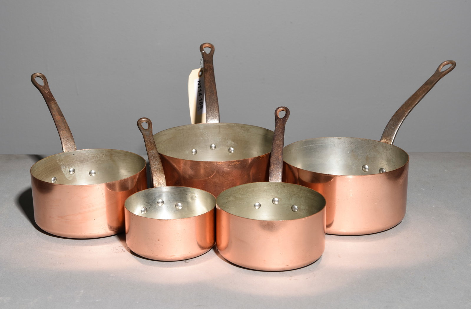 French Copper Set of 5 Graduated Sauce Pans #1: French Copper Set of 5 Graduated Sauce Pans - Largest is 7.5 in tall x 8 x 16
