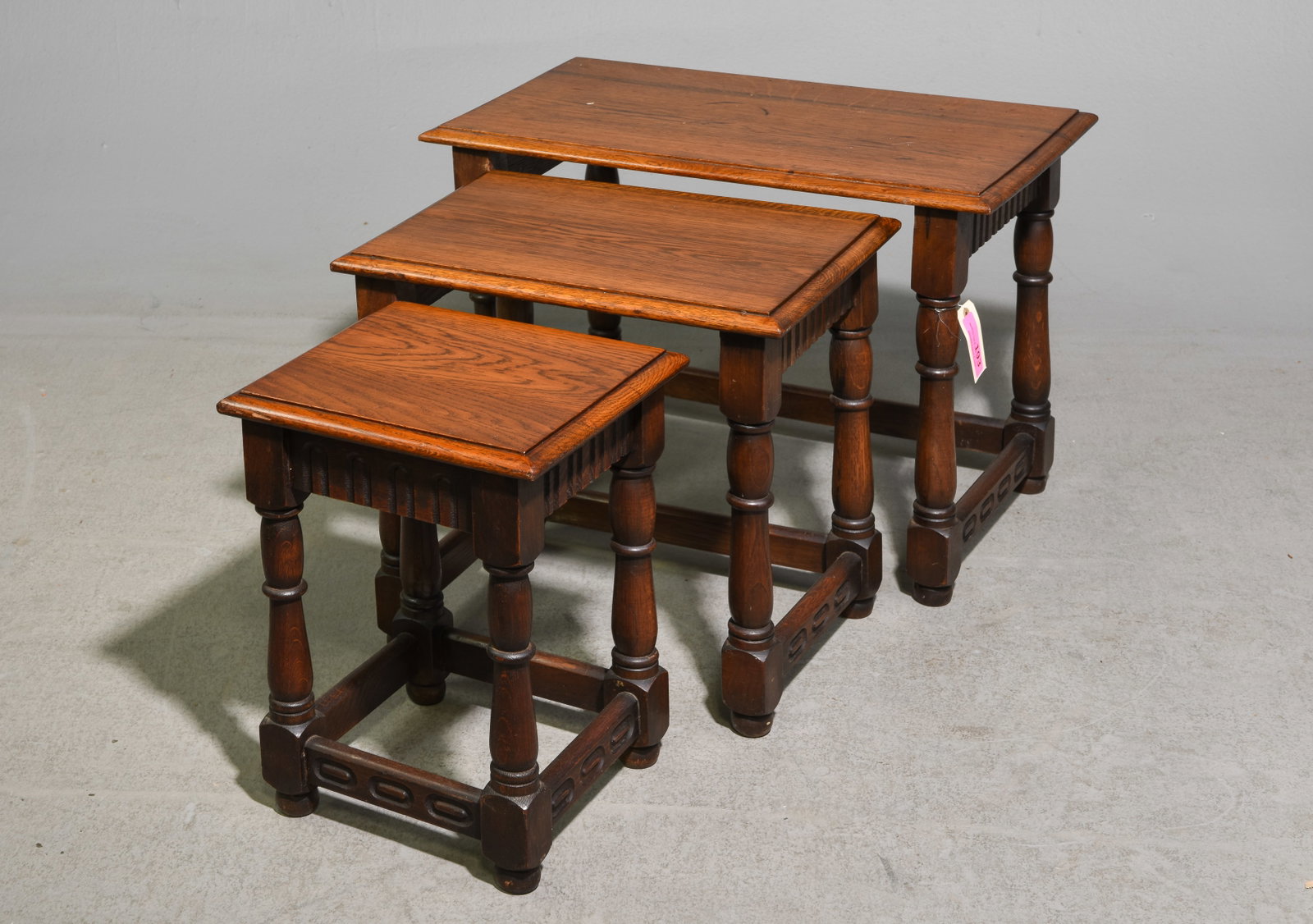 British Oak Nest of Three Tables #1: British Oak Nest of Three Tables - 18 in tall x 24 x 14.5, 17 in tall x 17.5 x 13 and 16 in tall x 12 x 11