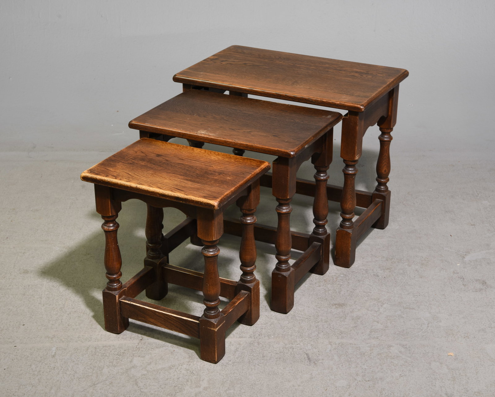 British Oak Nest of Three Tables #2: British Oak Nest of Three Tables - 18.5 in tall x 21.75 x 13.75, 17.5 in tall x 17.75 x 11.75 and 16.5 in tall x 13.75 x 10