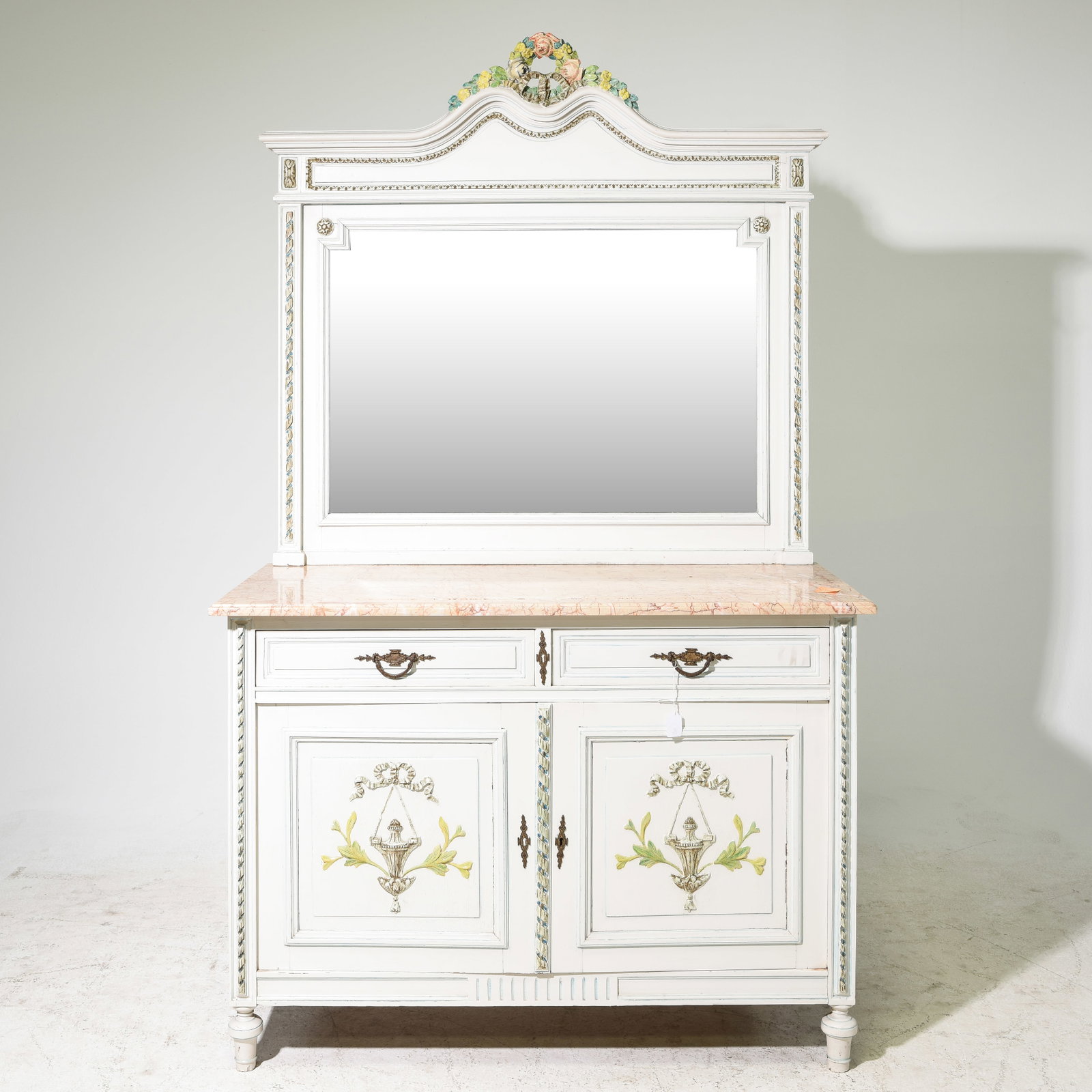 Louis XVI Style Painted Marble Top Mirror Back Dresser: French Louis XVI Style Painted Marble Top Mirror Back Dresser - 75.5 in tall x 45.5 x 21, Floor to the top of the marble is 33 inches