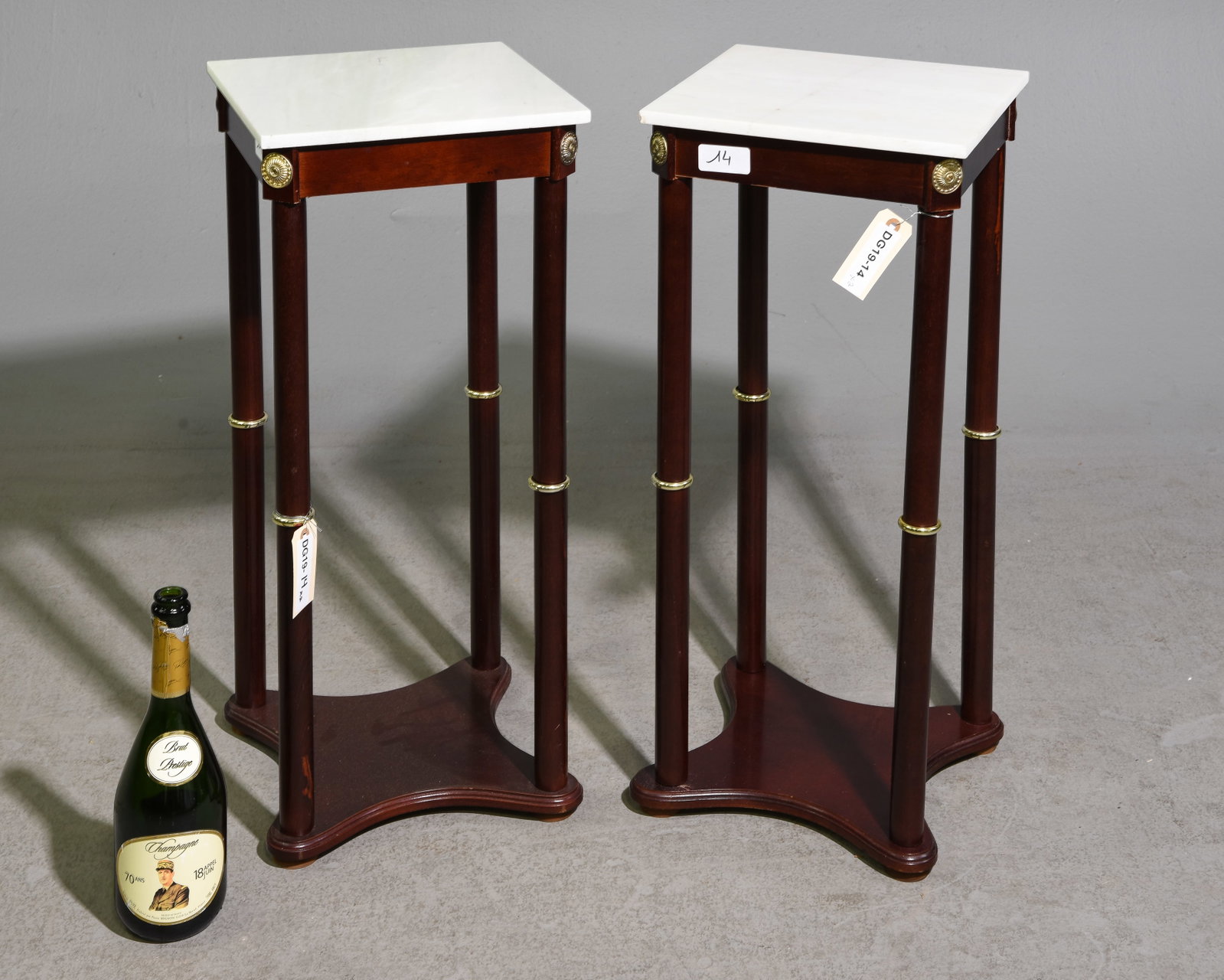 French Empire Style Pair of Marble Top Side Tables: French Empire Style Pair of Marble Top Side Tables / Stands - 27.5 in tall x 12 x 12 each