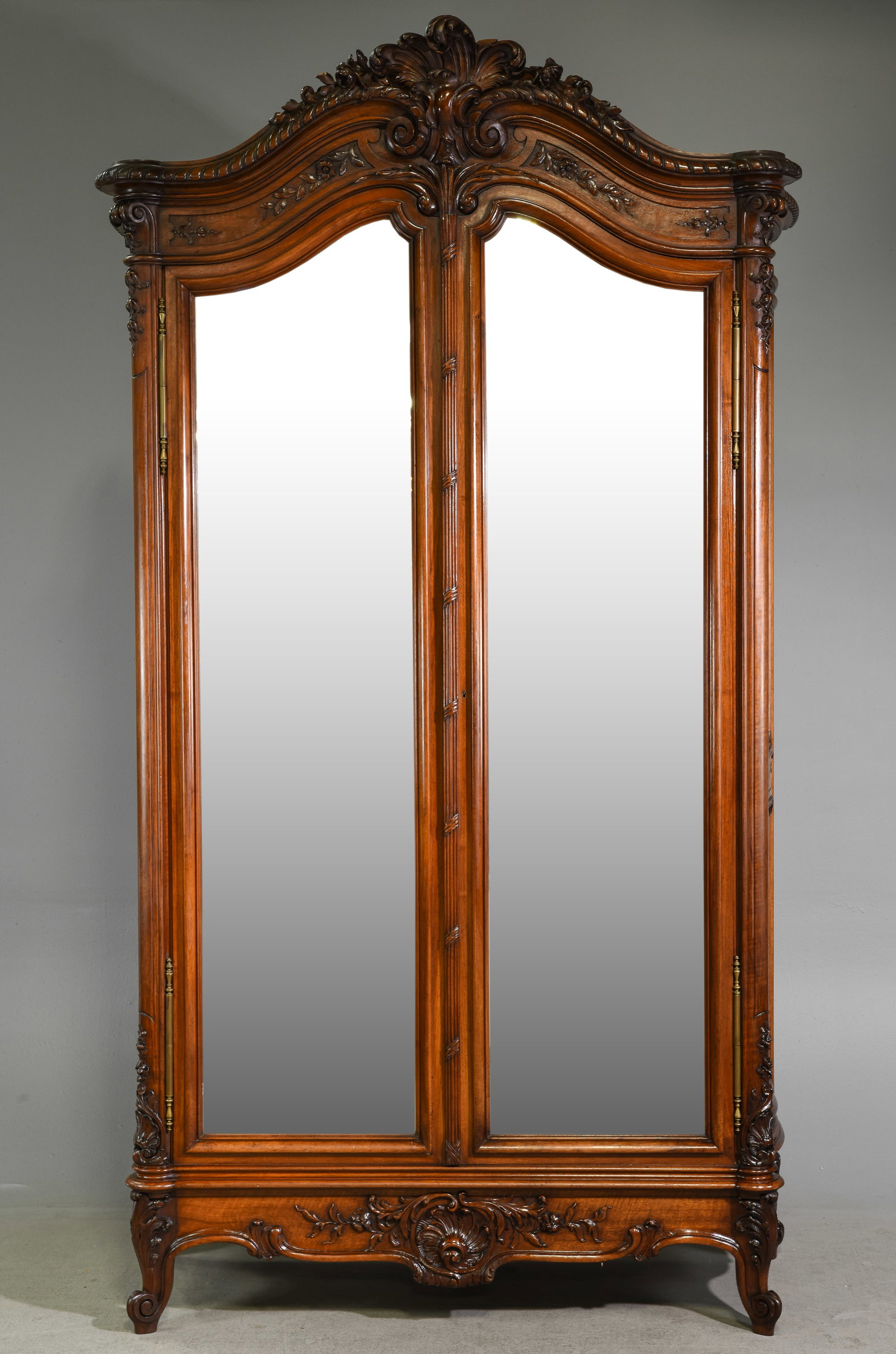 Louis XV Style Double Mirror Door Armoire: French Louis XV Style Double Mirror Door Walnut Armoire - 103 in tall x 58 x 23