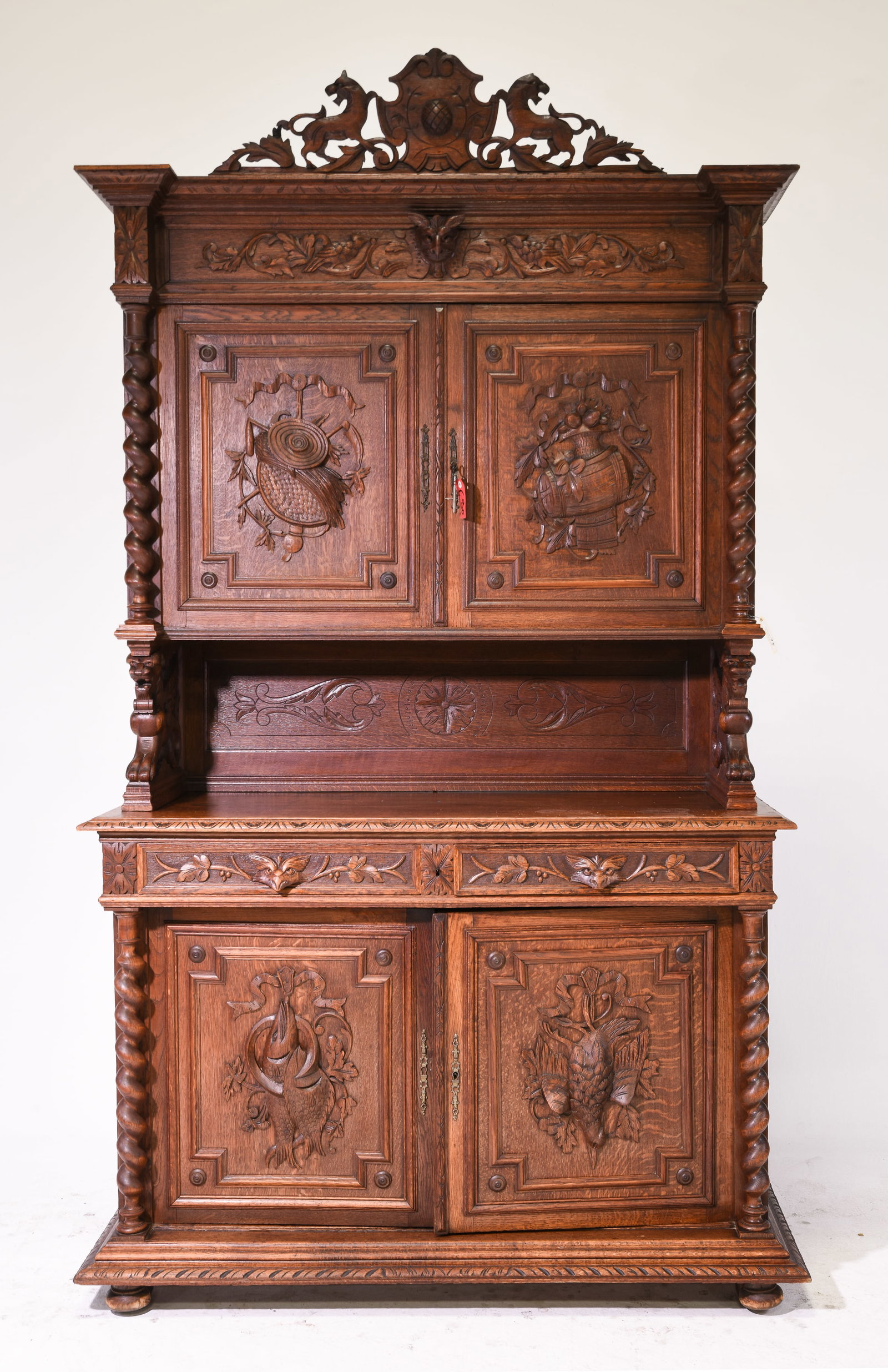 Renaissance Style French Twist Oak Double Buffet: French Renaissance / Louis XIII Style French Twist Oak Double Buffet - 98 in tall x 54.75 x 20.75