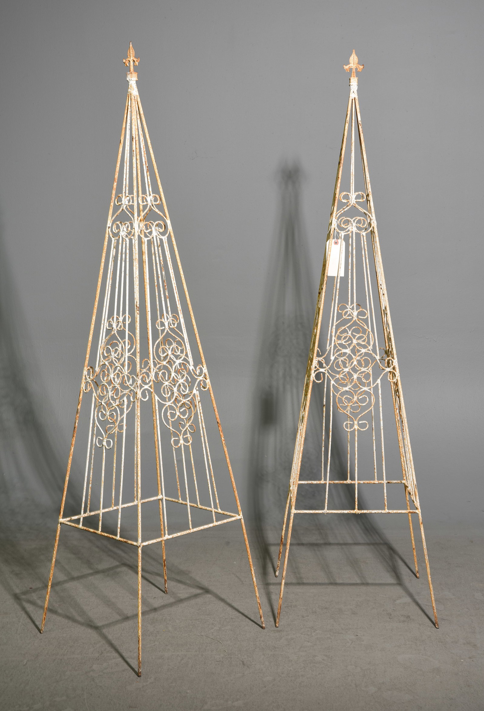 2 Painted Metal Tower Topiaries: 2 Painted Metal Tower Topiaries - 66 in tall x 15 x 15 each at the base