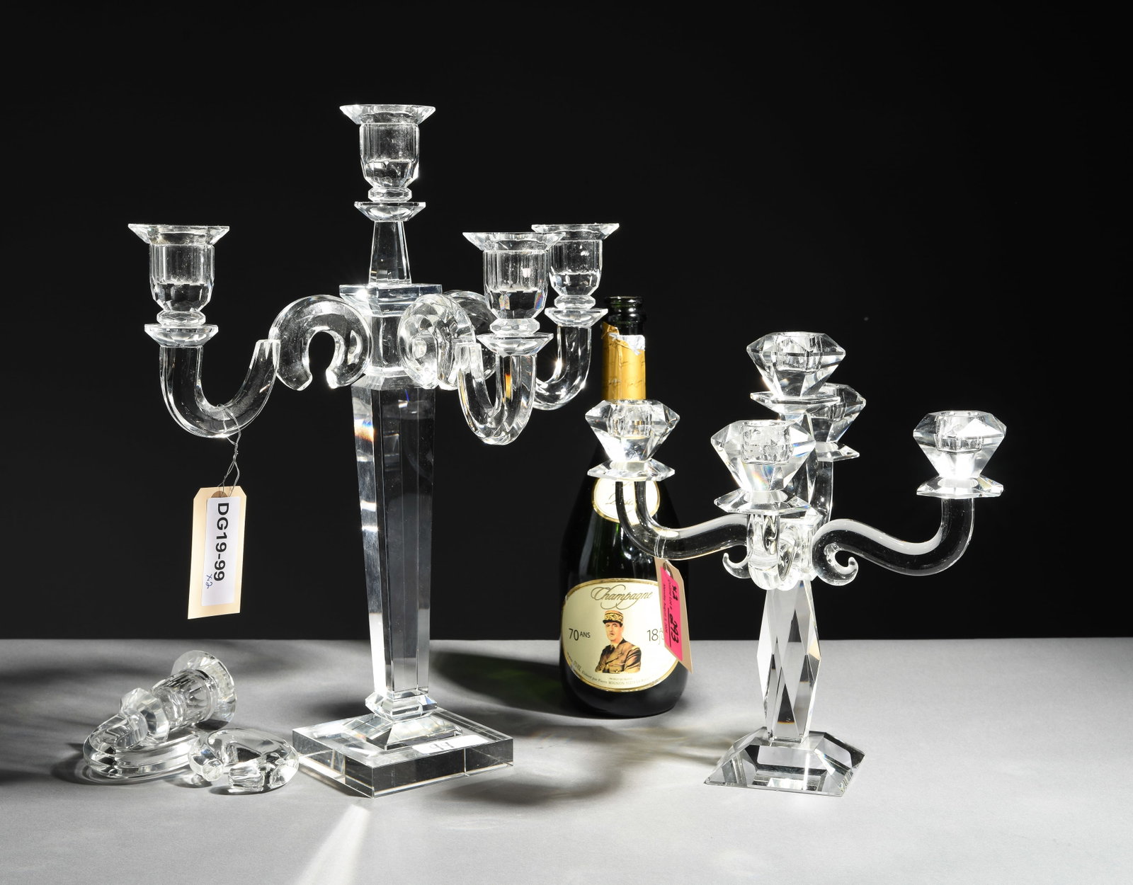 2 French Crystal Candelabras: 2 French Crystal Candelabras - 16.75 in tall x 14 x 14 and 11 in tall x 10.5 x 10.5 - One arm on the large one needs to be reattached