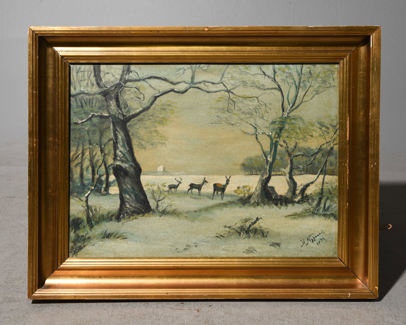 Danish Gold Framed Oil on Canvas Landscape c.1922: Danish Gold Framed Oil on Canvas Landscape with Deer c.1922 - 19 in tall x 24 x 2, The work itself is 14.5 x 19.5
