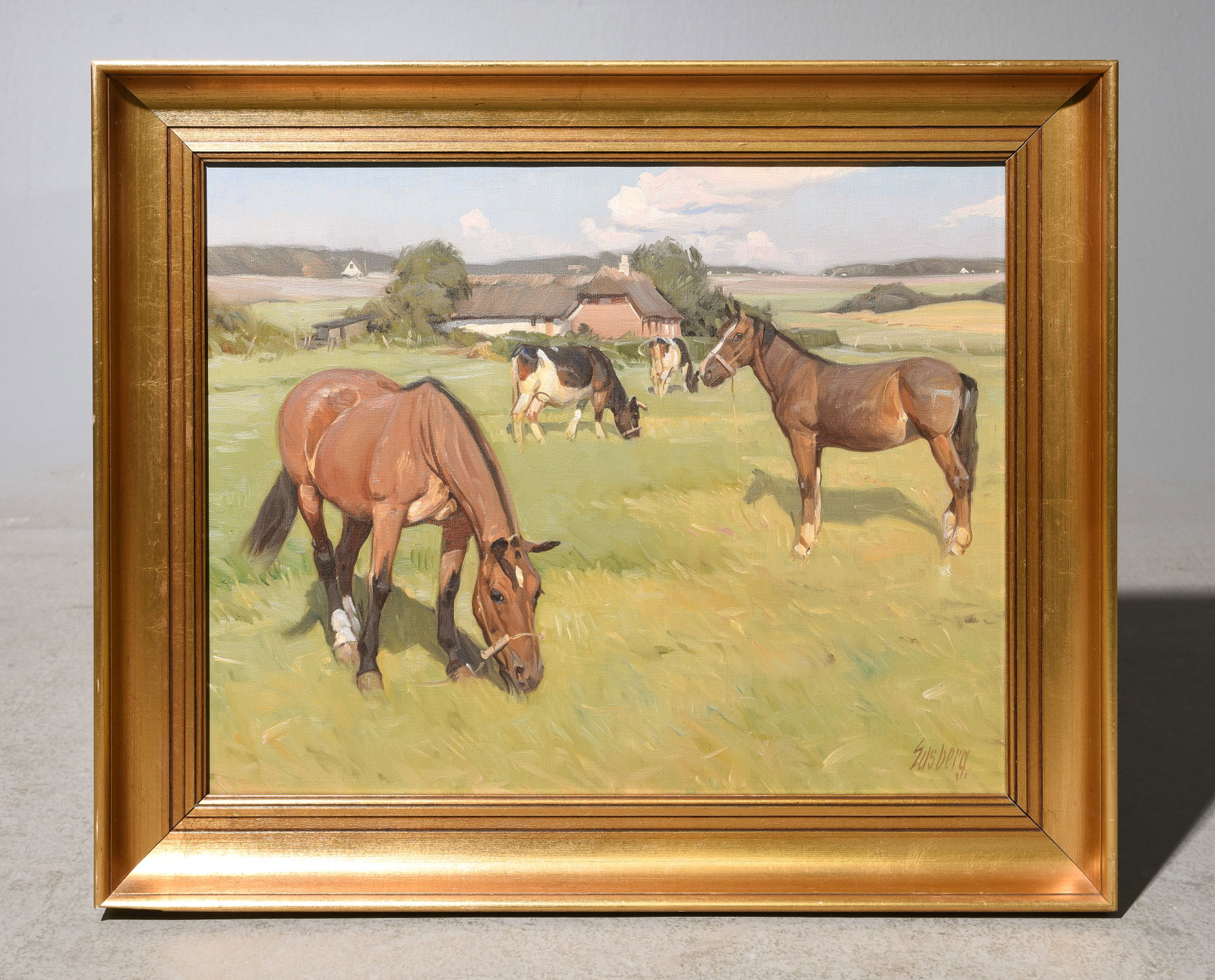 Danish Framed Oil on Canvas Landscape with Horses (1 of 3)