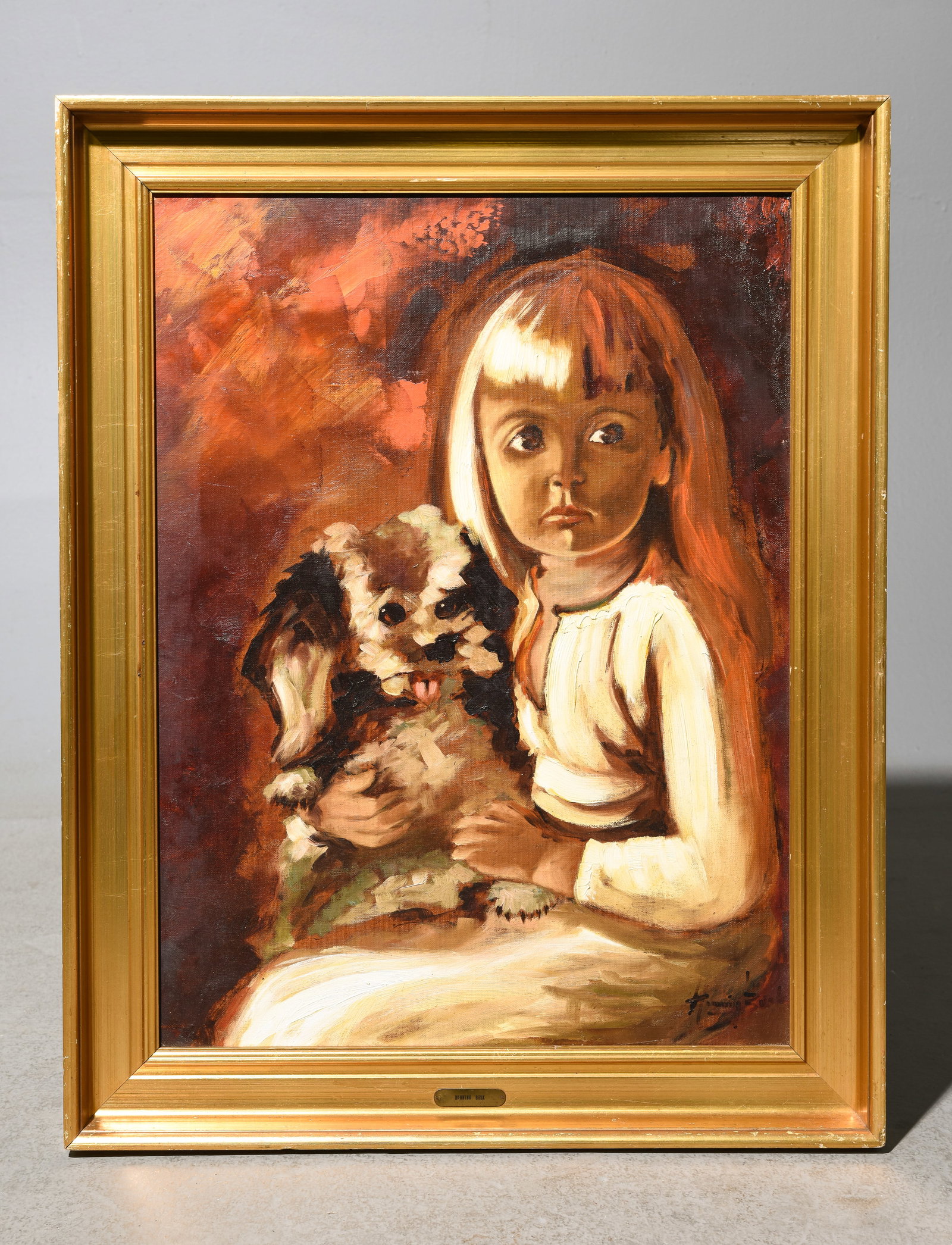 Danish Gold Framed Oil on Canvas Portrait #1: Danish Gold Framed Oil on Canvas Portrait - Girl with Dog - 28 in tall x 22 x 2, The work itself is 24 x 18