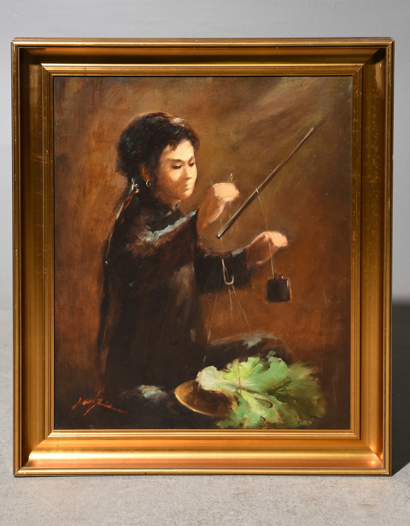 Danish Gold Framed Oil on Canvas Portrait #2: Danish Gold Framed Oil on Canvas Portrait - Youth with Scale - 28 in tall x 24 x 2, The work itself is 24 x 19.5