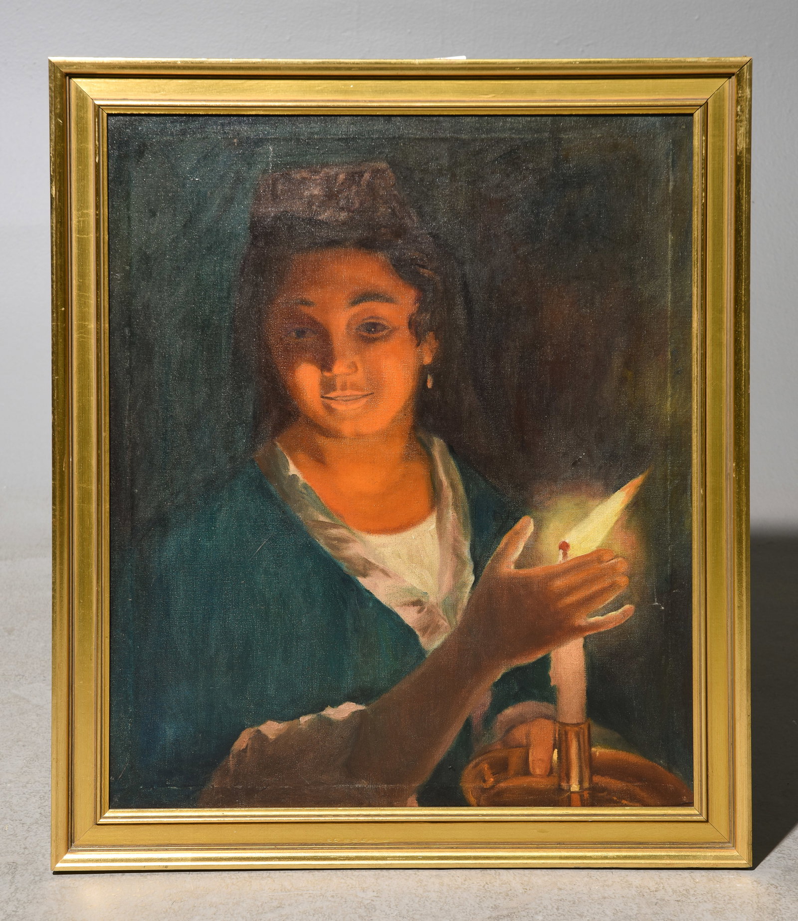 Danish Framed Oil on Canvas Candlelight Portrait: Danish Gold Framed Oil on Canvas Candlelight Portrait - 27 in tall x 23 x 1.25, The work itself is 24 x 20