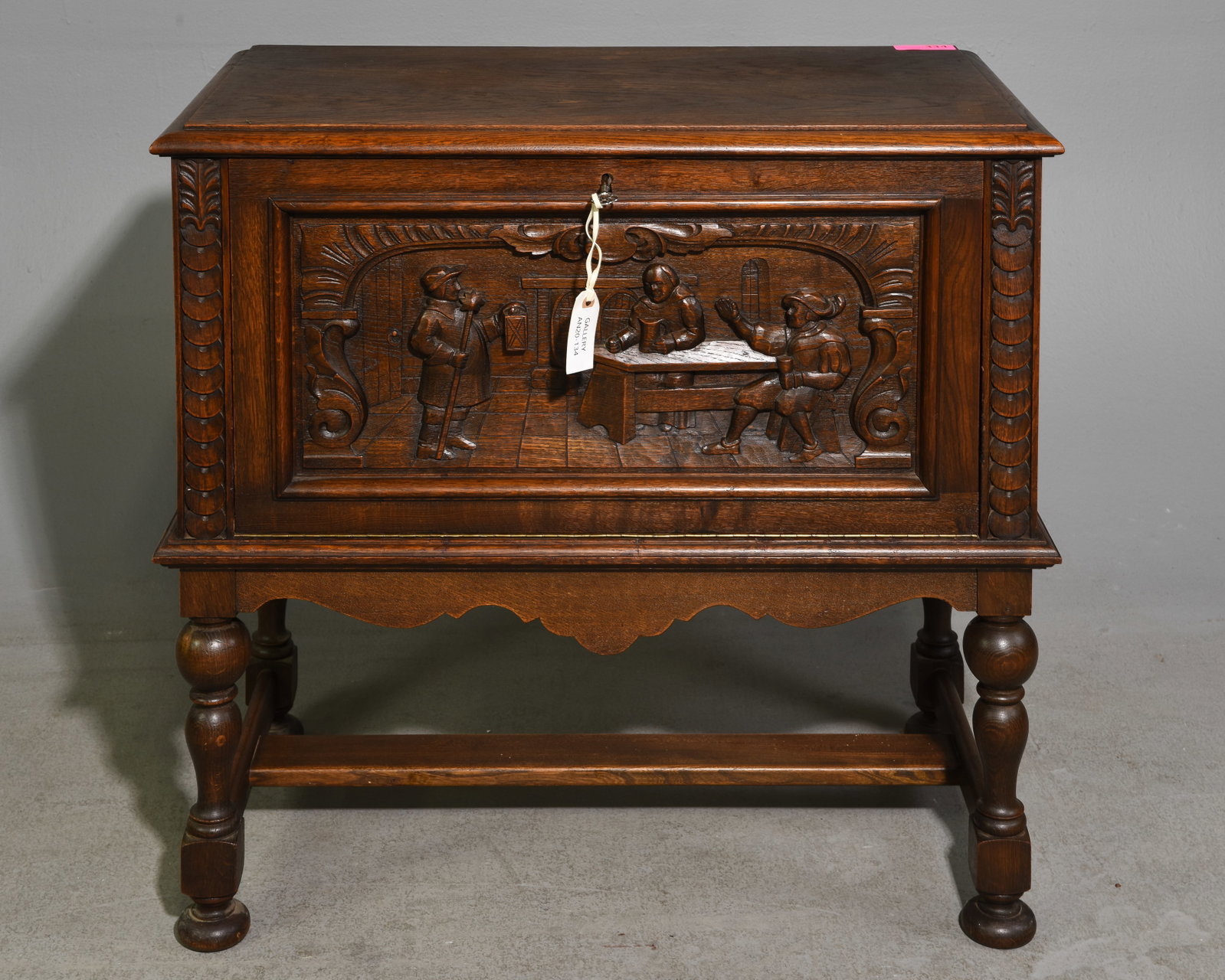 Danish Carved Oak Drop Front Record Cabinet: Danish Carved Oak Drop Front Record Cabinet - 32.5 in tall x 33.25 x 17.75