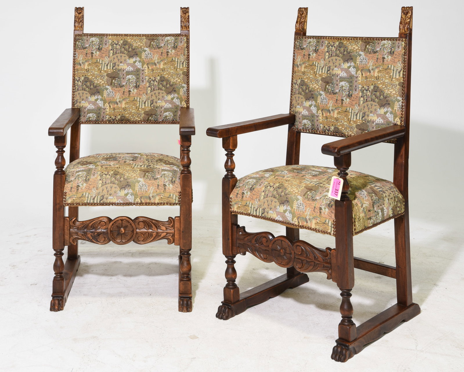 French Renaissance Style Pair of Throne / Arm Chairs: French Renaissance Style Pair of Throne / Arm Chairs - 47.25 in tall x 23 x 22.25 each with a seat height of 19.5 inches