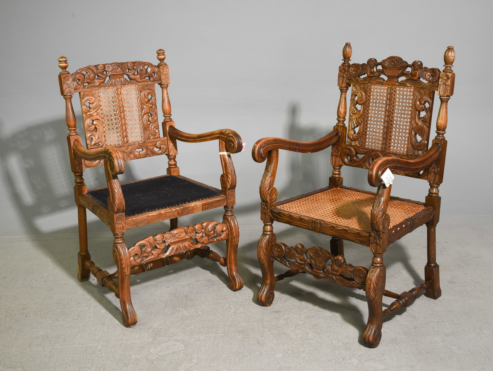 2 Danish Oak Caned Arm Chairs: 2 Danish Oak Caned Arm Chairs - 38.5 in tall x 21.5 x 22.25 with a seat height of 16.75 inches and 38 in tall x 21.5 x 22.25 with a seat height of 17 inches